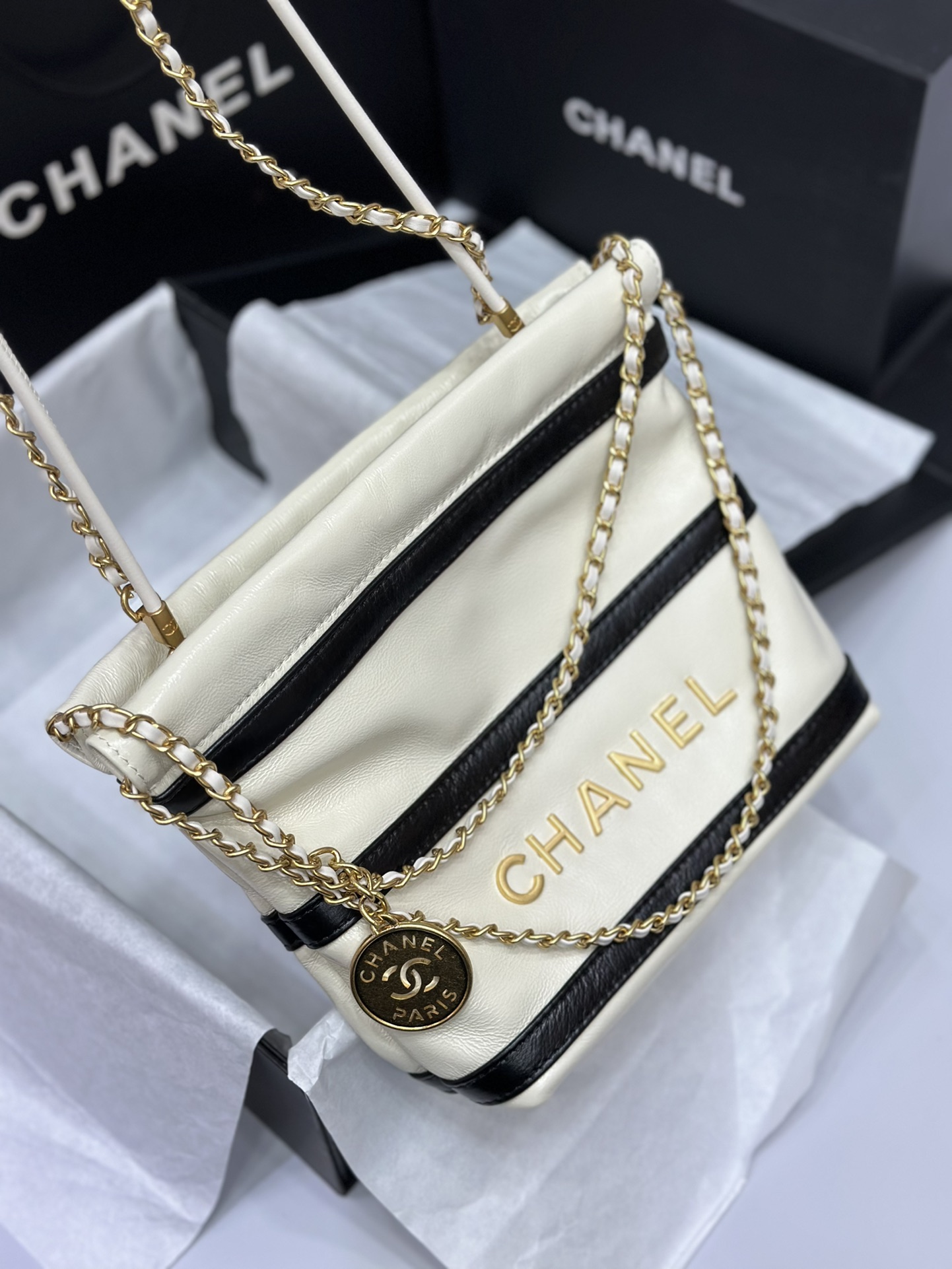 Chanel Striped New Color Garbage Bag Small White!!