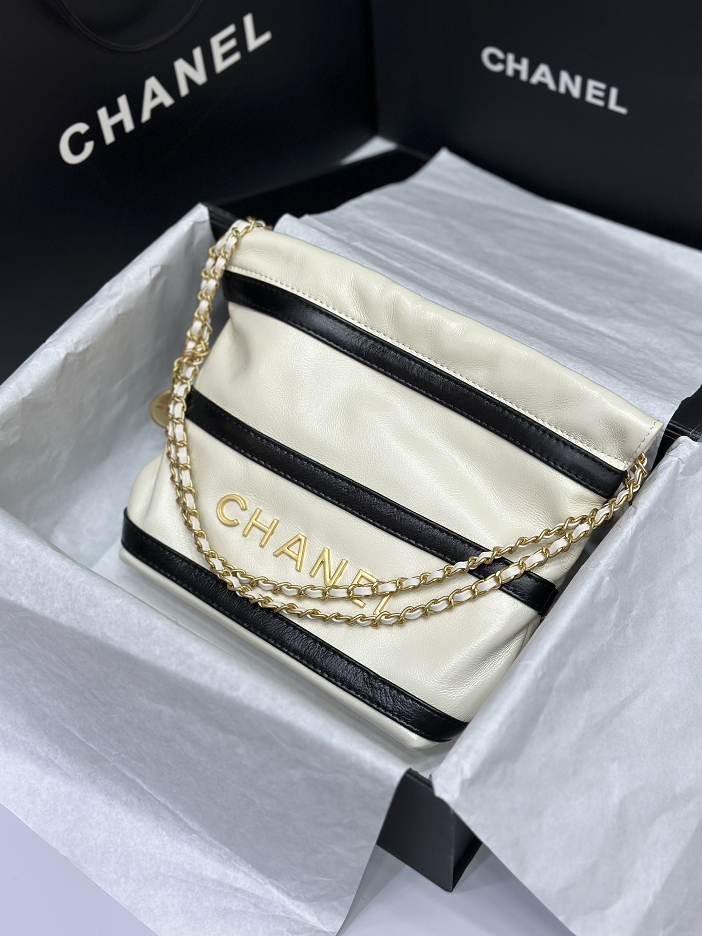 Chanel Striped New Color Garbage Bag Small White!!