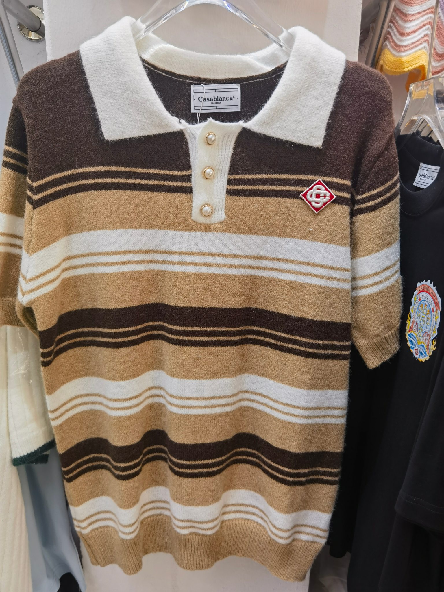 Casablanca polo de punto con rayas marrones para hombre, con botones de perla, tallas S.M.L.XL
