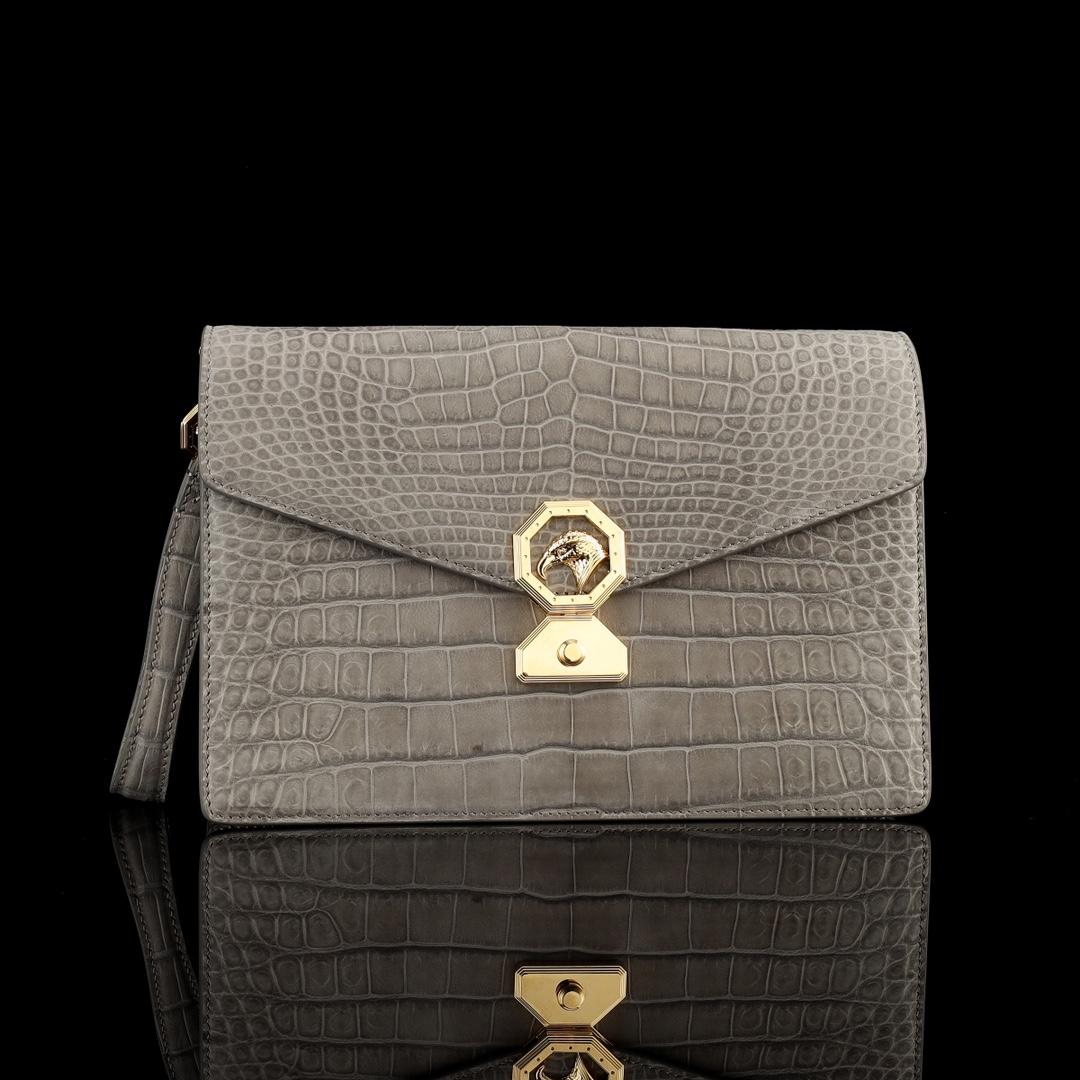 水染磨砂尼罗鳄鱼肚皮🐊🐊 史蒂芬夹包配不锈钢五金😎 【内里配头层牛皮】尺寸 27*18*7💰2500