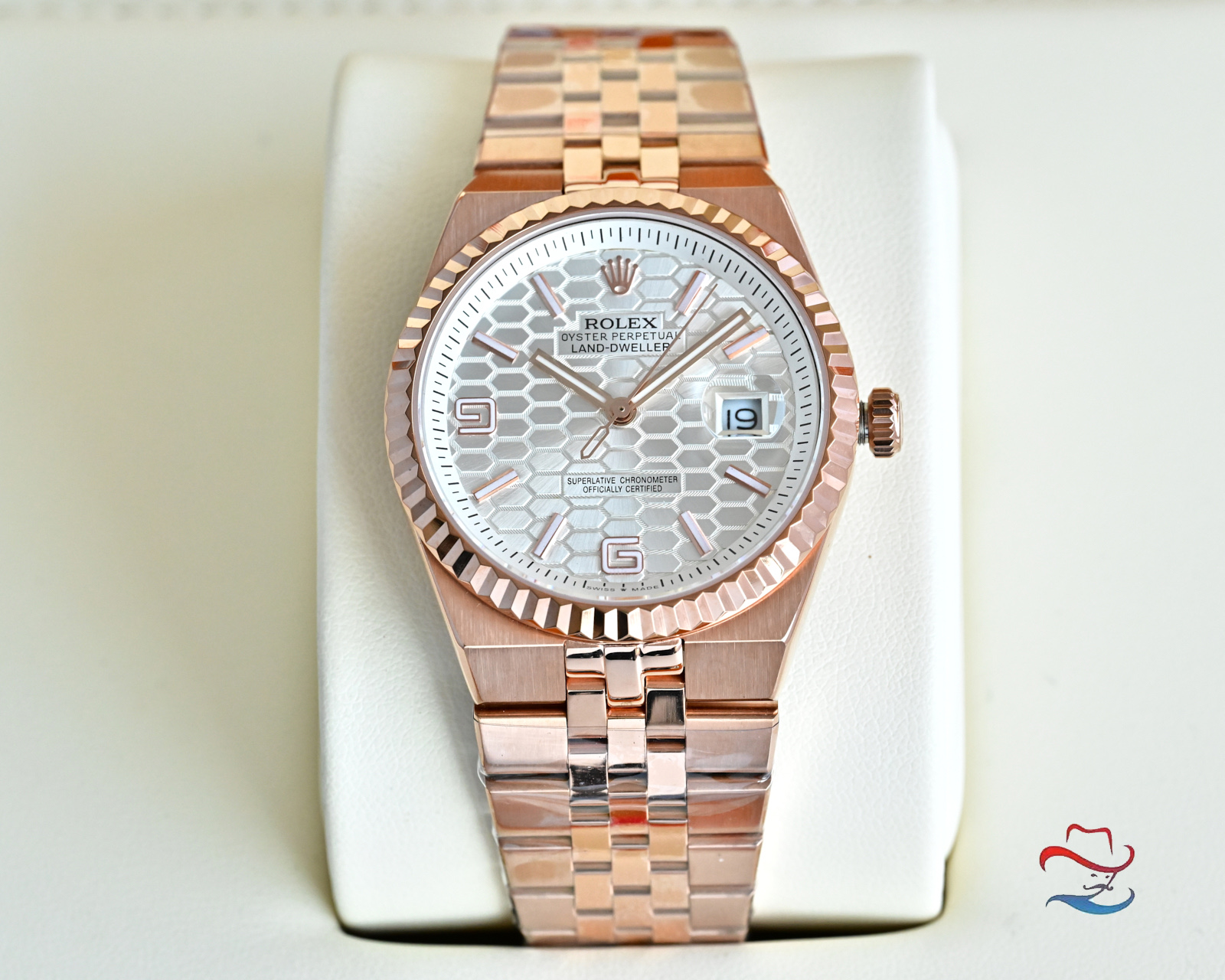 Rolex Land-Dweller steel and rose gold case and bracelet, rose gold fluted bezel, silver honeycomb dial 40mm Men's Automatic