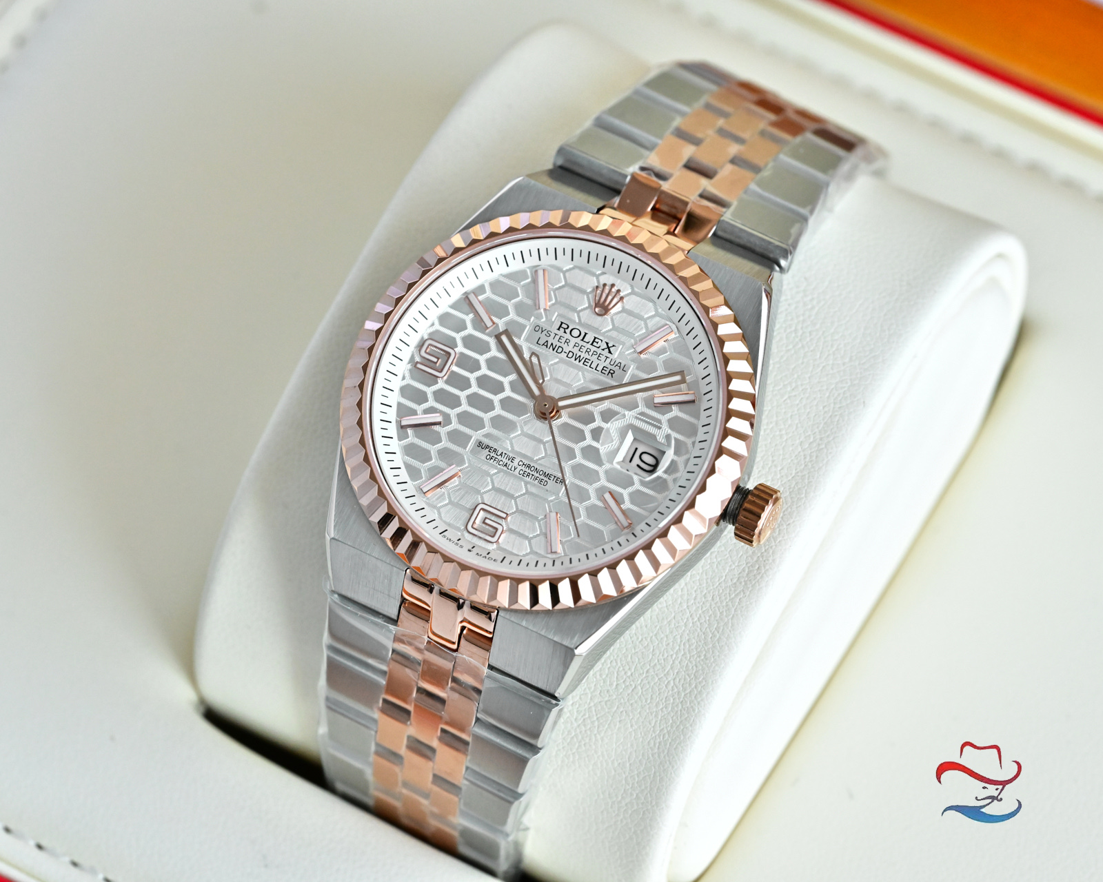 Rolex Land-Dweller steel and rose gold case and bracelet, rose gold fluted bezel, silver honeycomb dial 40mm Men's Automatic