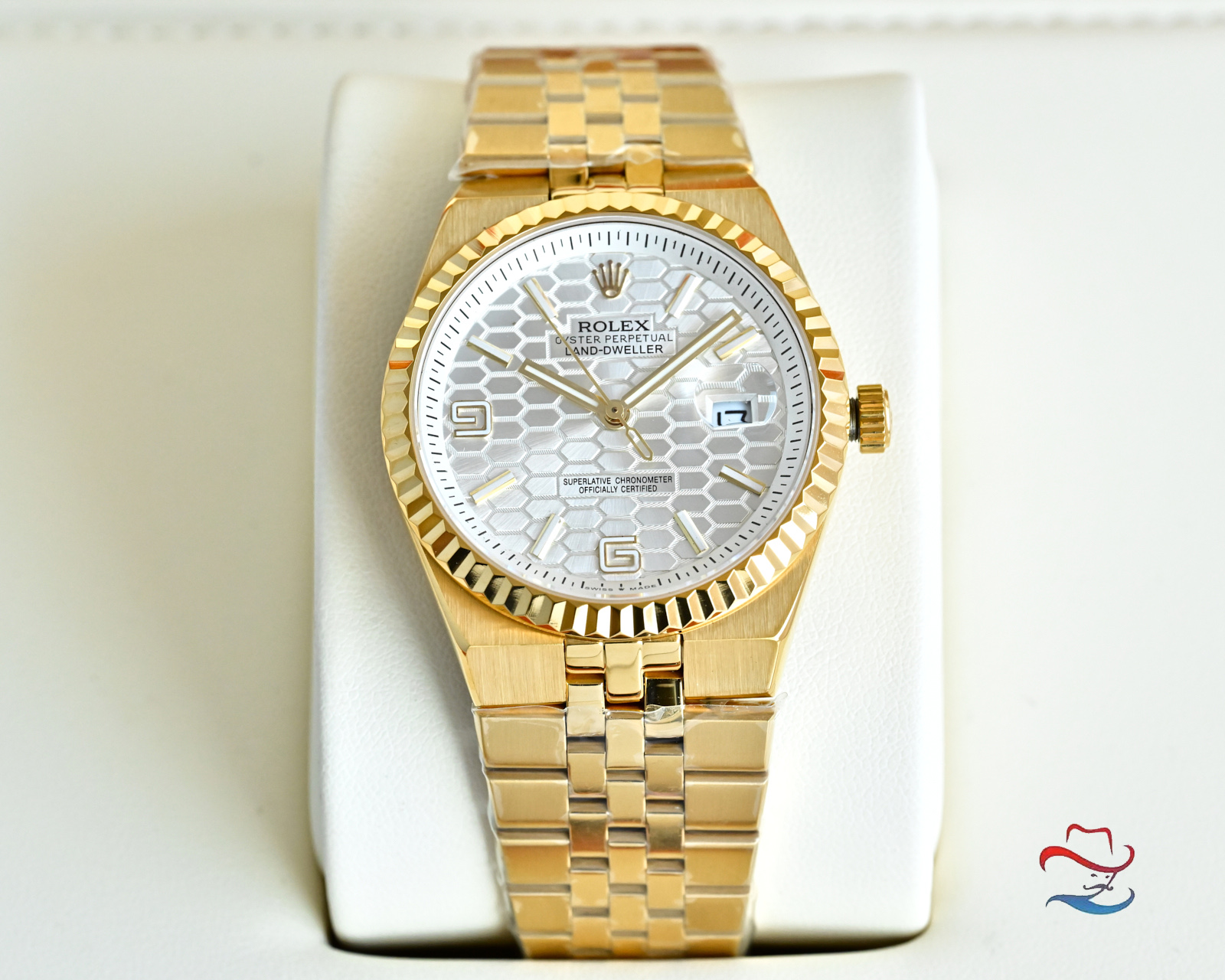 Rolex Oyster Perpetual Land-Dweller two-tone steel and yellow gold, fluted bezel, white honeycomb dial, two-tone bracelet 40mm Men's Automatic
