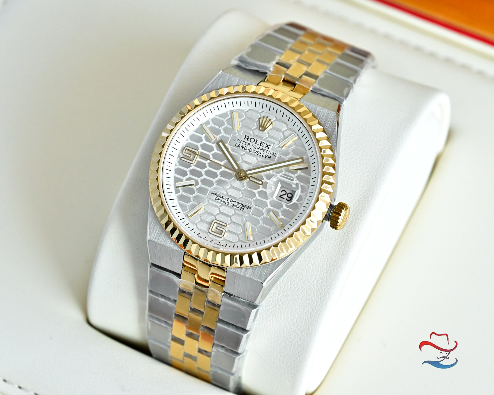 Rolex Oyster Perpetual Land-Dweller two-tone steel and yellow gold, fluted bezel, white honeycomb dial, two-tone bracelet 40mm Men's Automatic