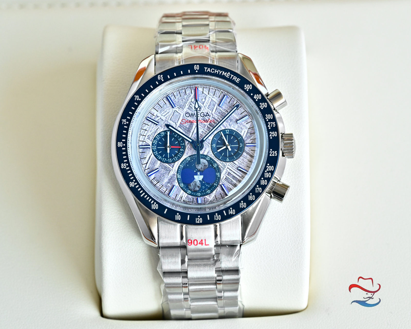 Omega Speedmaster Moonphase Cassa argento, lunetta blu, quadrante argento, bracciale argento 44,25 mm Automatico da uomo