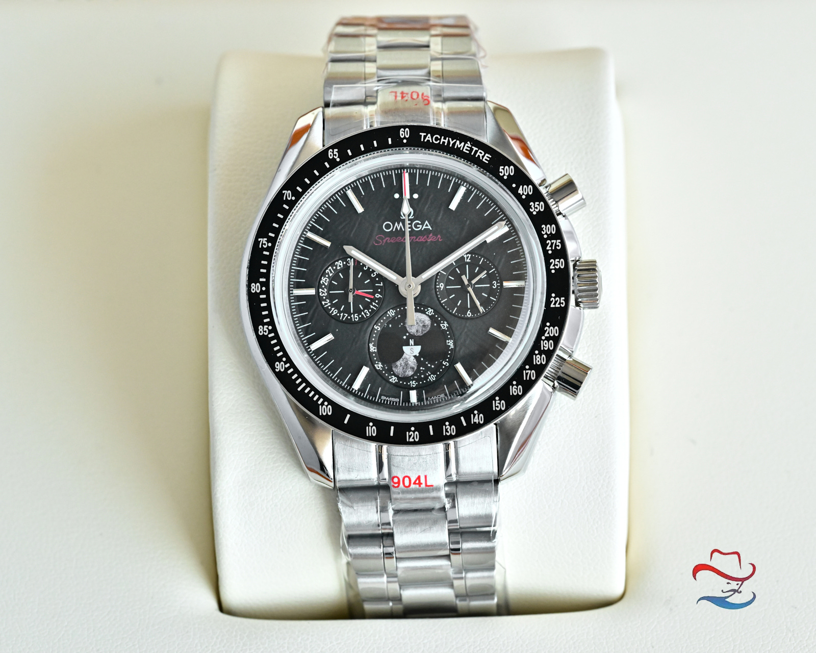 Omega Speedmaster Moonphase Cassa argento, lunetta blu, quadrante argento, bracciale argento 44,25 mm Automatico da uomo