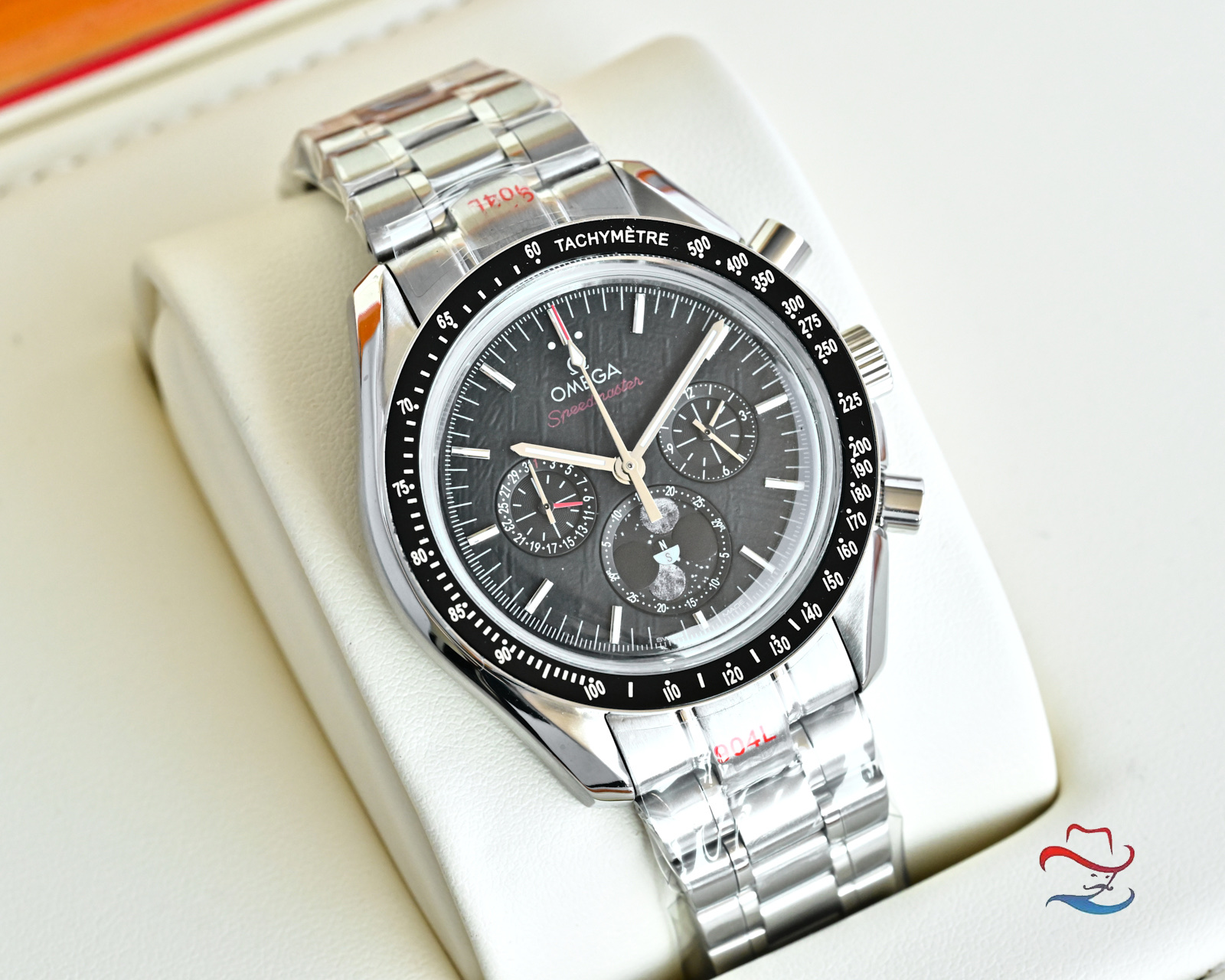 Omega Speedmaster Moonphase Cassa argento, lunetta blu, quadrante argento, bracciale argento 44,25 mm Automatico da uomo