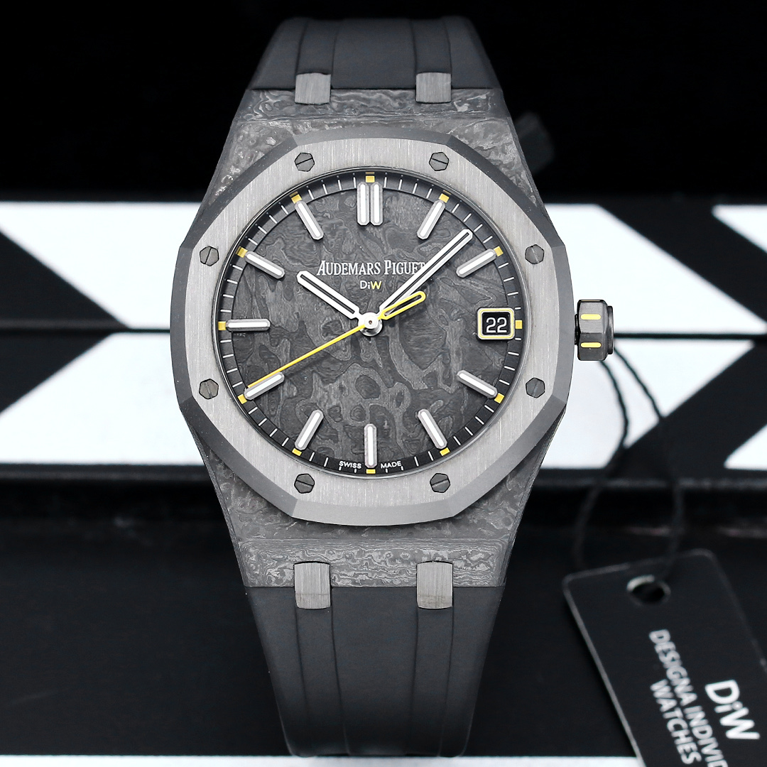 Audemars Piguet Royal Oak DiW 15500 grey forged carbon case and bezel grey dial black rubber strap with yellow accents 41mm Men s Automatic | BUY WATCHES USA luxury watches