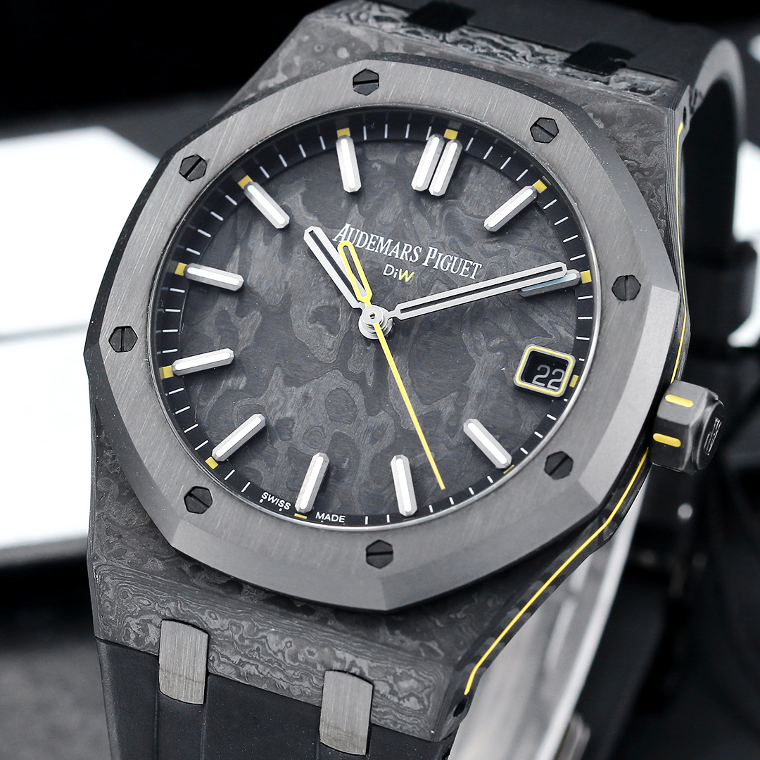 Audemars Piguet Royal Oak DiW 15500 grey forged carbon case and bezel, grey dial, black rubber strap with yellow accents 41mm Men's Automatic