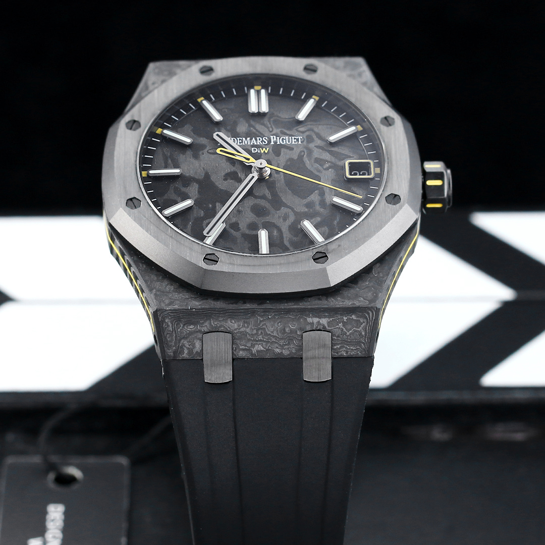 Audemars Piguet Royal Oak DiW 15500 grey forged carbon case and bezel, grey dial, black rubber strap with yellow accents 41mm Men's Automatic