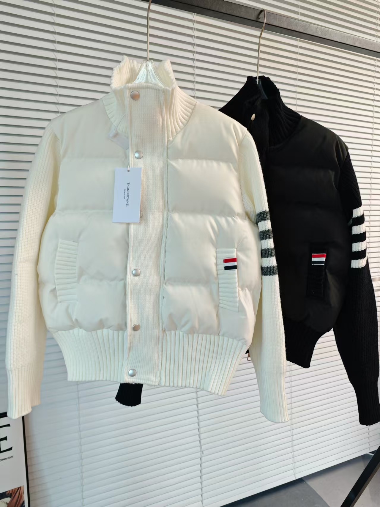Thom Browne Knit-Panel Padded Jacket, Cotton Blend Knitwear, Slim Fit