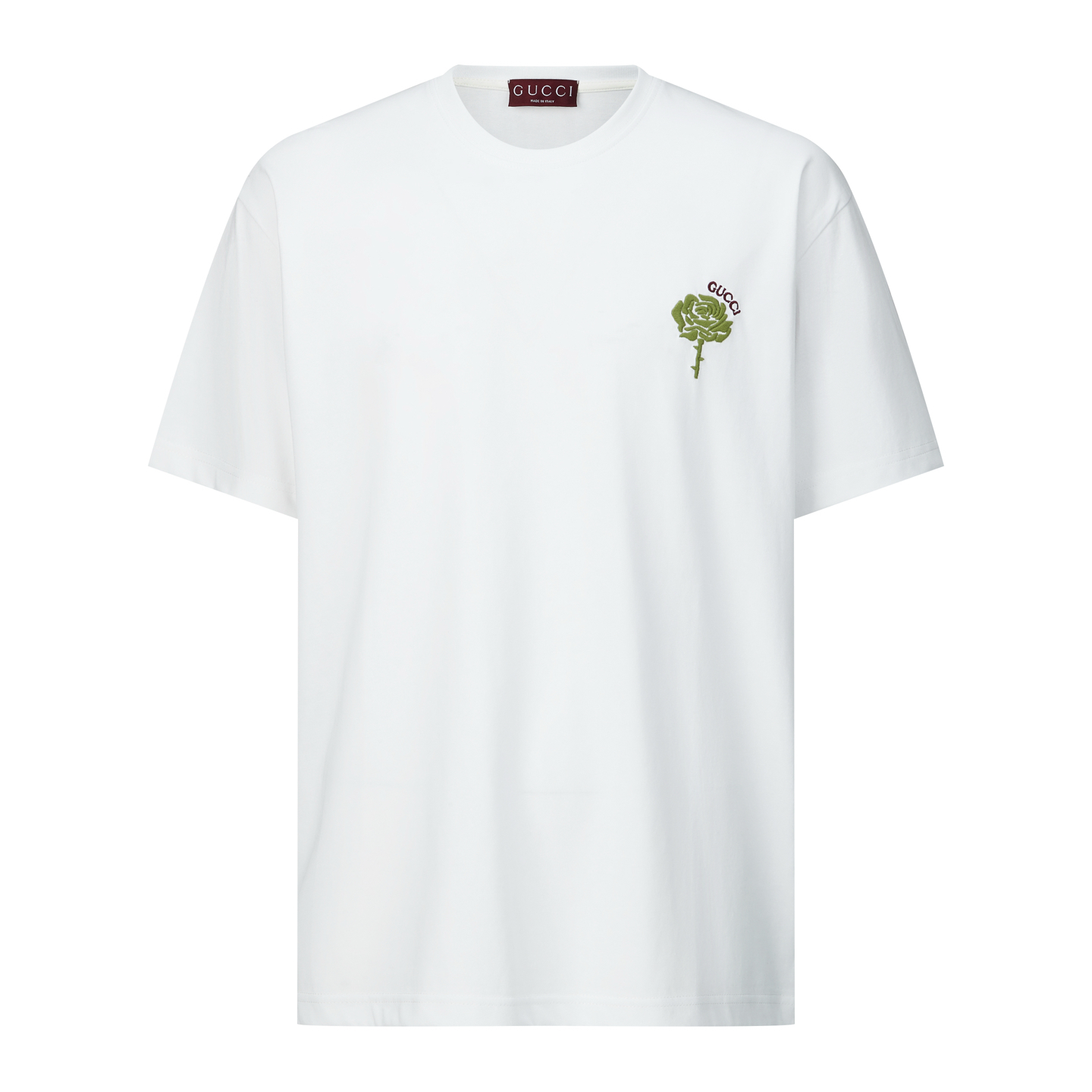NO:135556,【Exclusive supply】 Guc Green Rose 3D embroidered short sleeves (white) The fabric is made of 50 plain-patterned double strands, Xinjiang small cotton is fixedly woven into fabric cloth, washing water, adding feel and fixing the clothing style. The thread is matched with 1*1 Solona, ​​and the same tank is fixed and dyed. The embroidery uses 3D three-dimensional embroidery, the rose embroidery pattern has Gucci's signature logo, and the number of needles is 9,600 stitches. size S M L,,gucci, T-shirt,alexander wang19860909【独家供应】 Guc 绿玫瑰3D刺绣短袖（白色） 面料采用50平纹双股,新疆小棉花定织而成面料布匹洗水 添加手感与固定衣服版型.螺纹搭配1*1索罗娜,同缸定染配套.刺绣采用3D立体刺绣,玫瑰花刺绣图案带有Gucci标志性LOGO,针数为9600针. size S M L,,gucci,T-shirt,alexander wang,Men's clothing