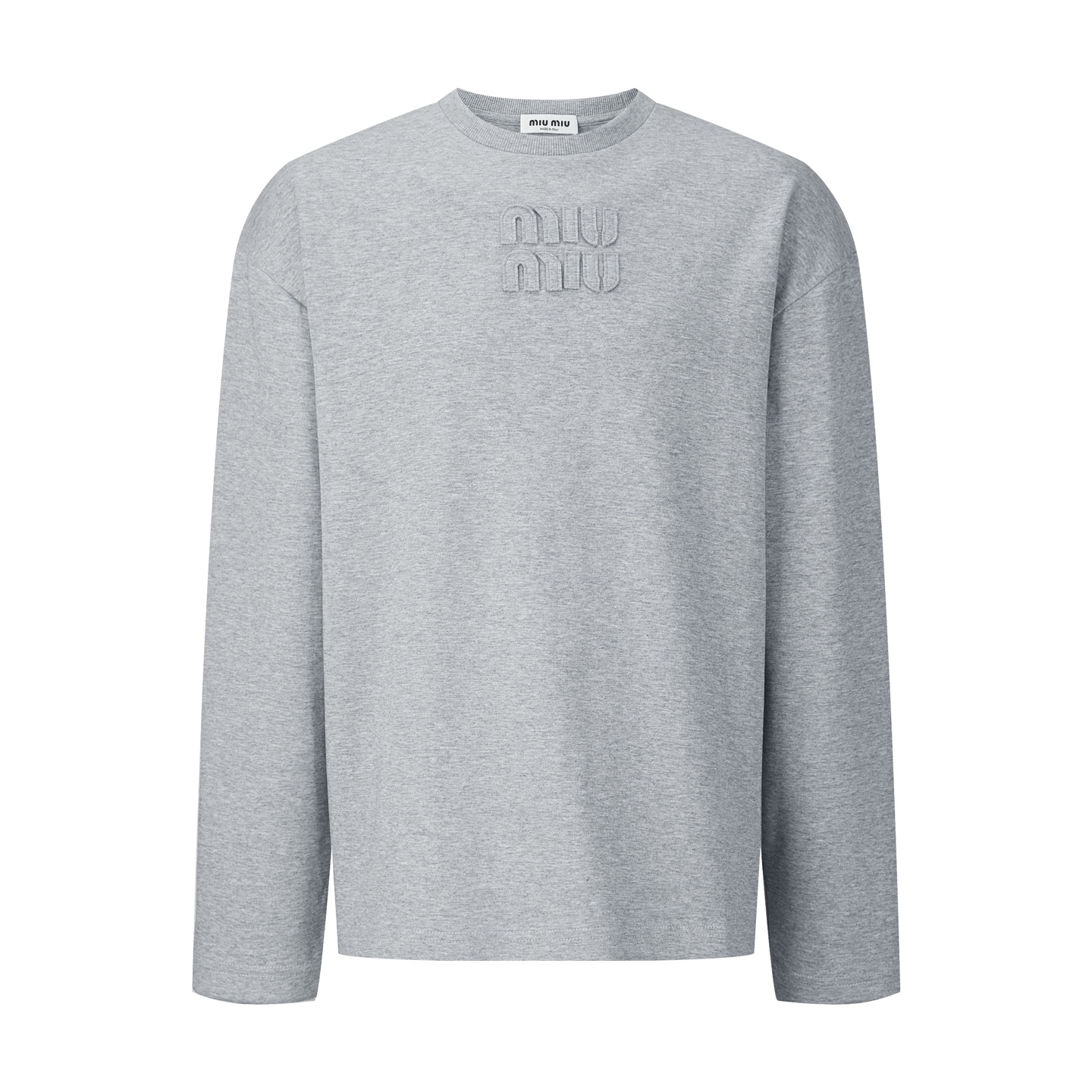 【Suministro exclusivo】 Camiseta de manga larga con parche quemado y bordado MiuMiu (gris). La tela utiliza 320g de dobl…