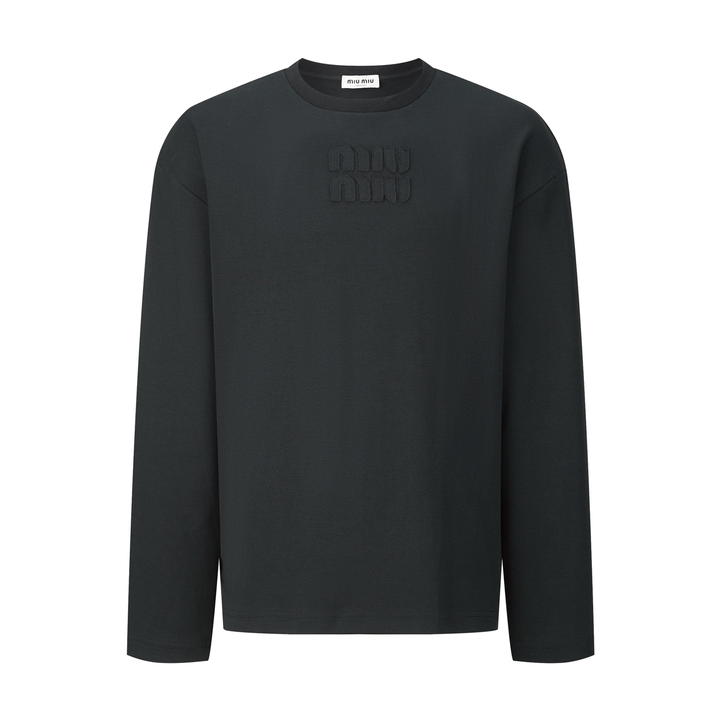 【Suministro exclusivo】 Camiseta de manga larga con parche quemado y bordado MiuMiu (negro). La tela utiliza 320g de dob…