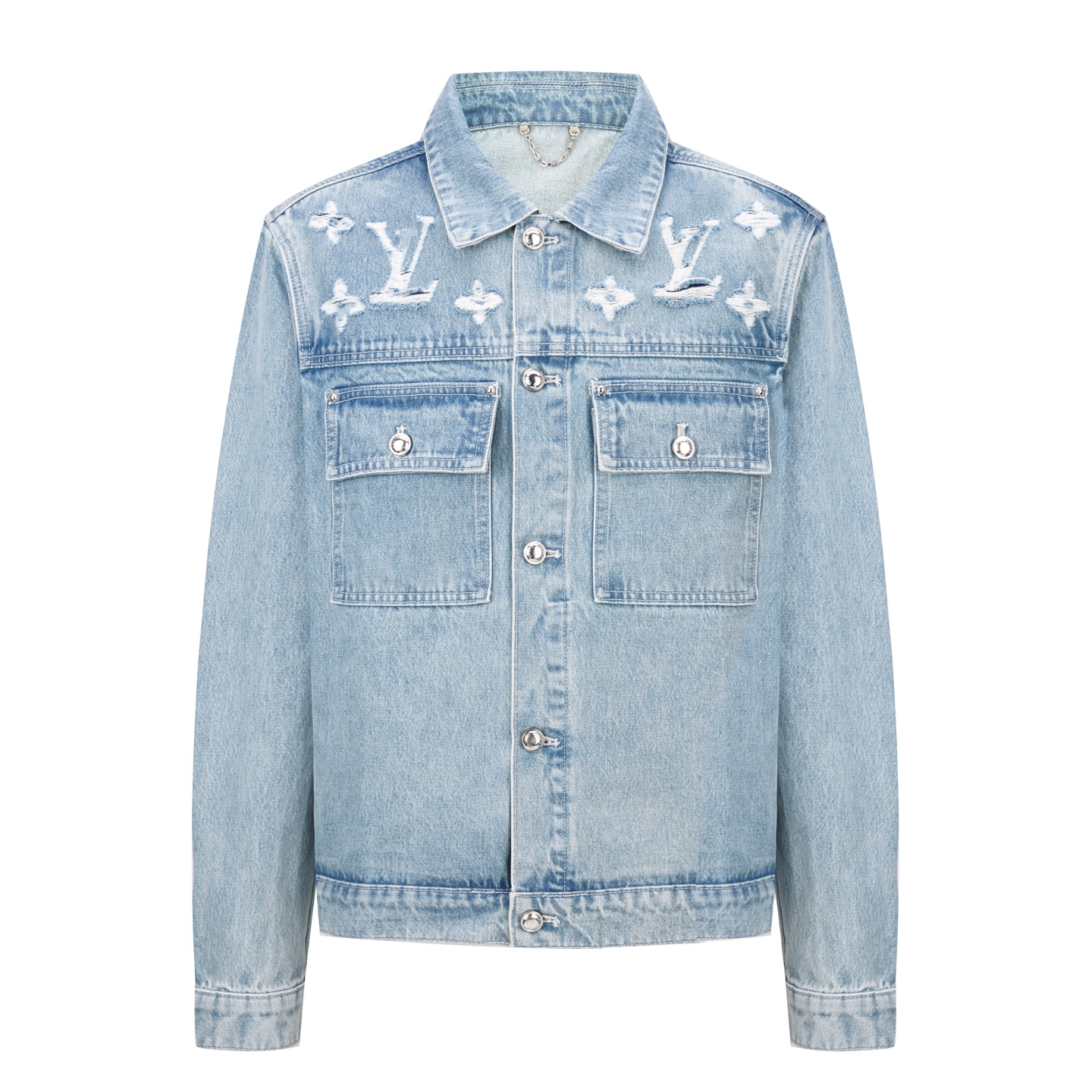 。LOUIS VUITTON 水洗磨破牛仔外套那里：采用7*7牛仔棉，该蓝面11盎，洗水后克重为420克