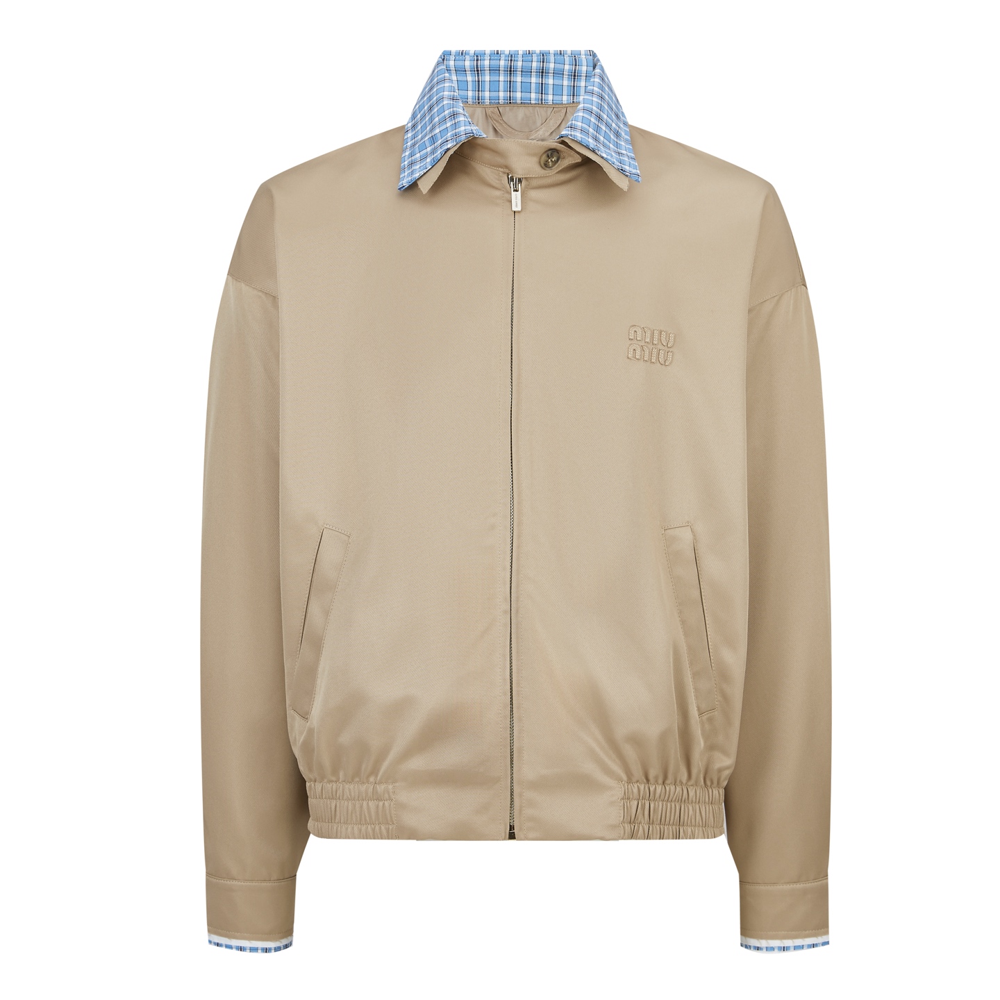 。MiuMiu 格子拼接刺绣拉链夹克面料：采用丝光纯棉布，该款面料原版定织定染，材料采用丝光纱线混合织成