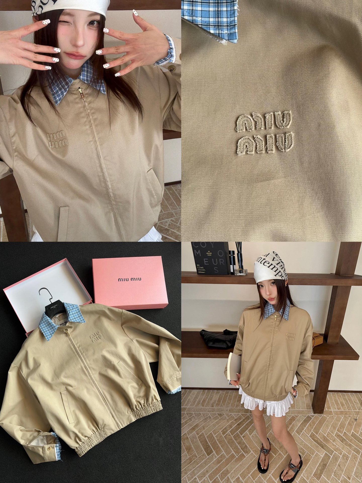 。MiuMiu 格子拼接刺绣拉链夹克面料：采用丝光纯棉布，该款面料原版定织定染，材料采用丝光纱线混合织成