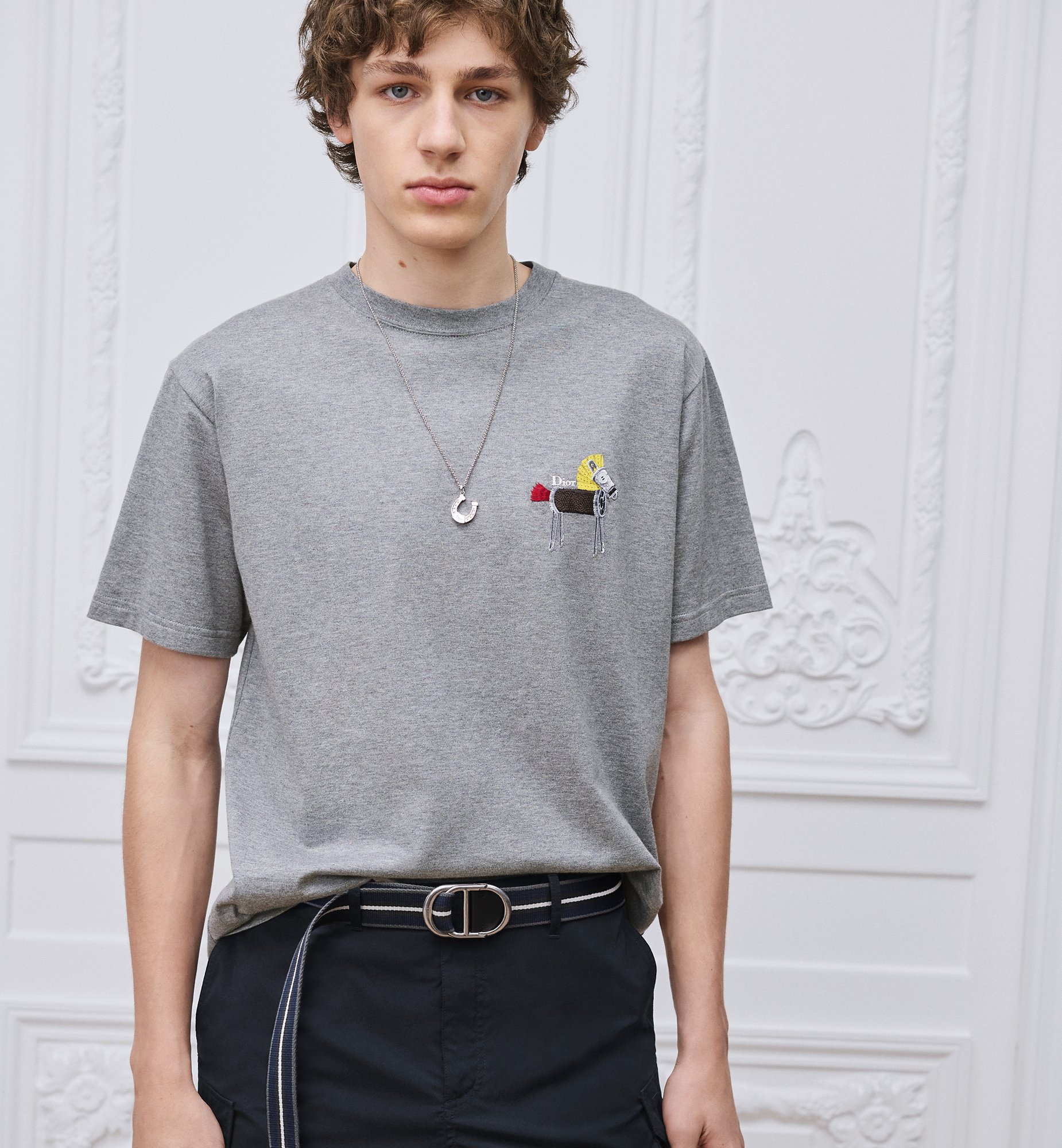 。Dior 马年印花刺绣短袖面料：采用50支丝光双股。面料：螺纹搭配1*1索罗娜。辅料：刺绣带有贝壳纽扣