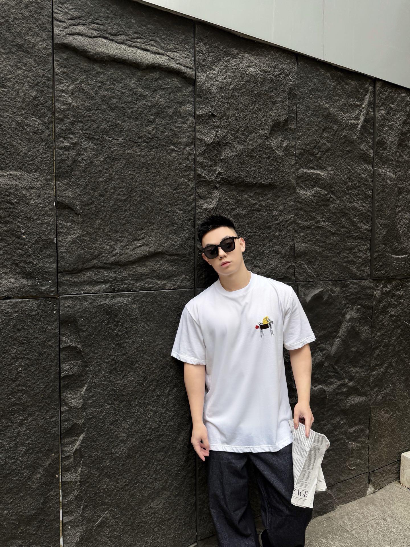 。Dior 马年印花刺绣短袖面料：采用50支丝光双股。面料：螺纹搭配1*1索罗娜。辅料：刺绣带有贝壳纽扣