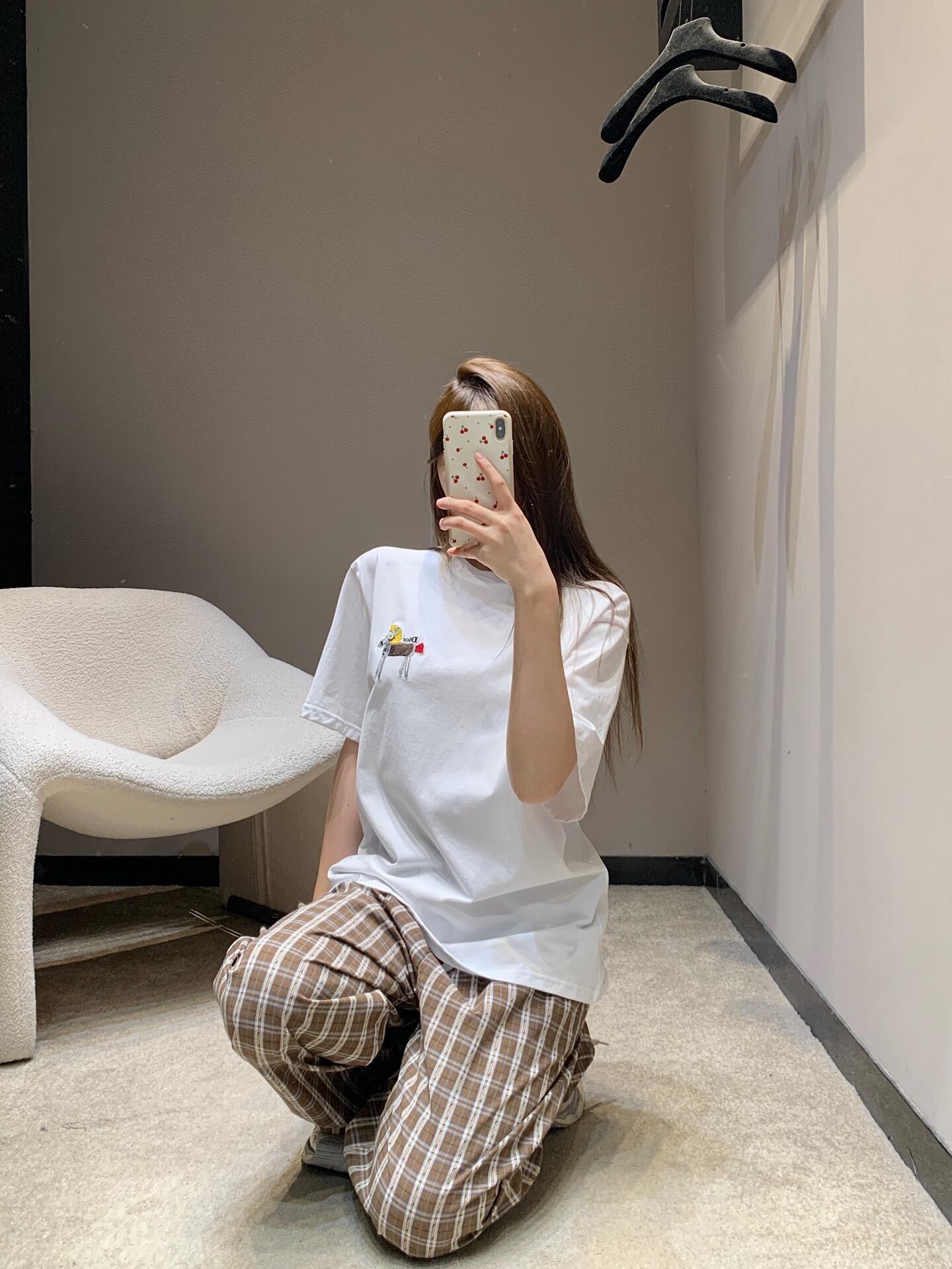 。Dior 马年印花刺绣短袖面料：采用50支丝光双股。面料：螺纹搭配1*1索罗娜。辅料：刺绣带有贝壳纽扣
