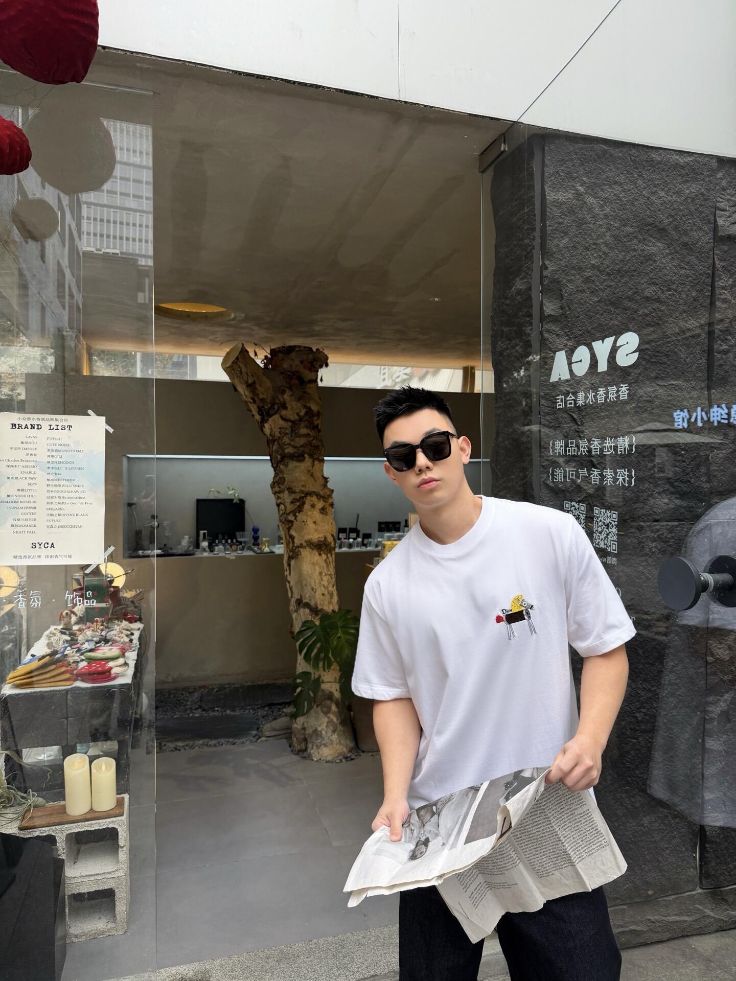 。Dior 马年印花刺绣短袖面料：采用50支丝光双股。面料：螺纹搭配1*1索罗娜。辅料：刺绣带有贝壳纽扣