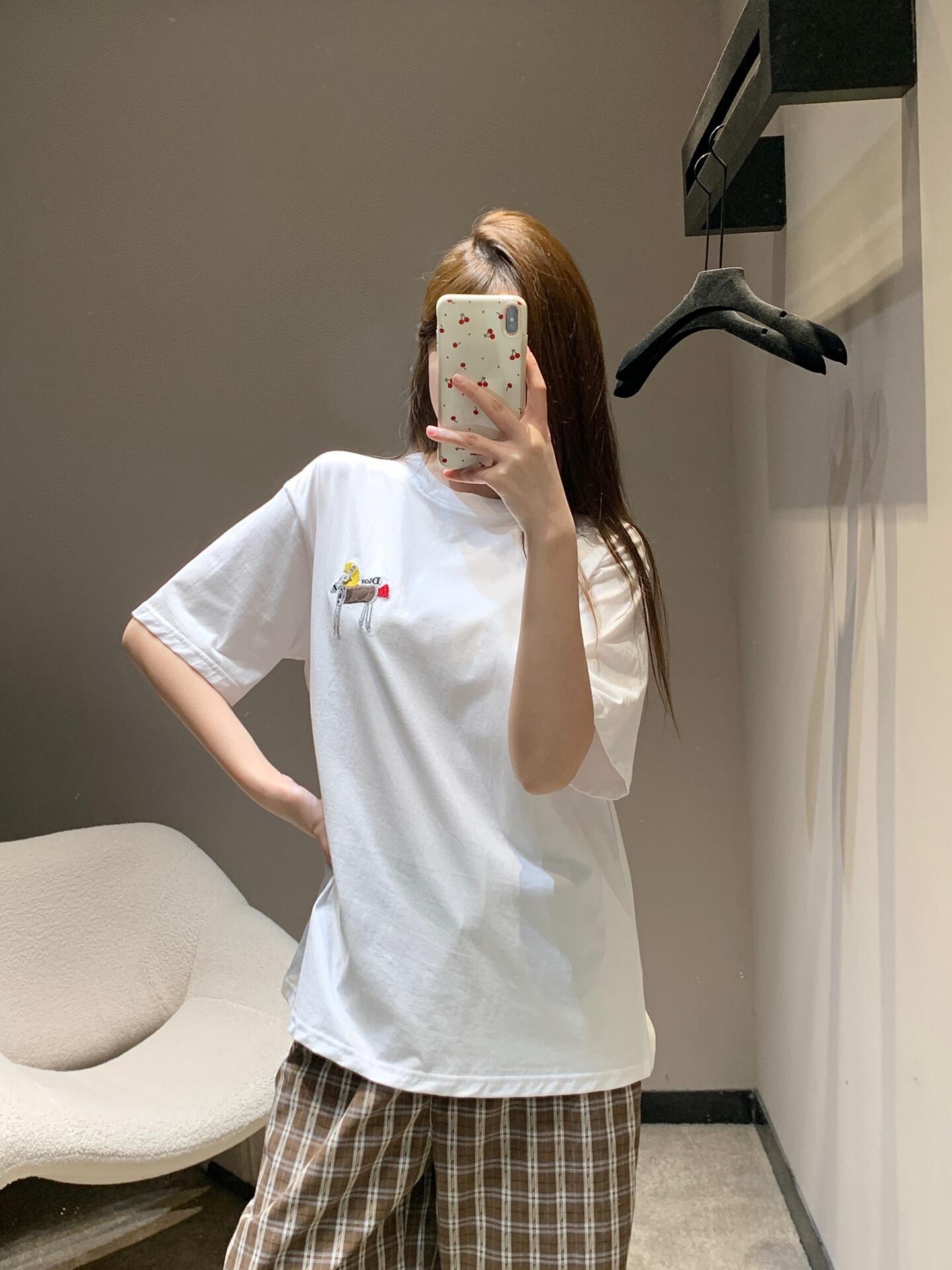 。Dior 马年印花刺绣短袖面料：采用50支丝光双股。面料：螺纹搭配1*1索罗娜。辅料：刺绣带有贝壳纽扣