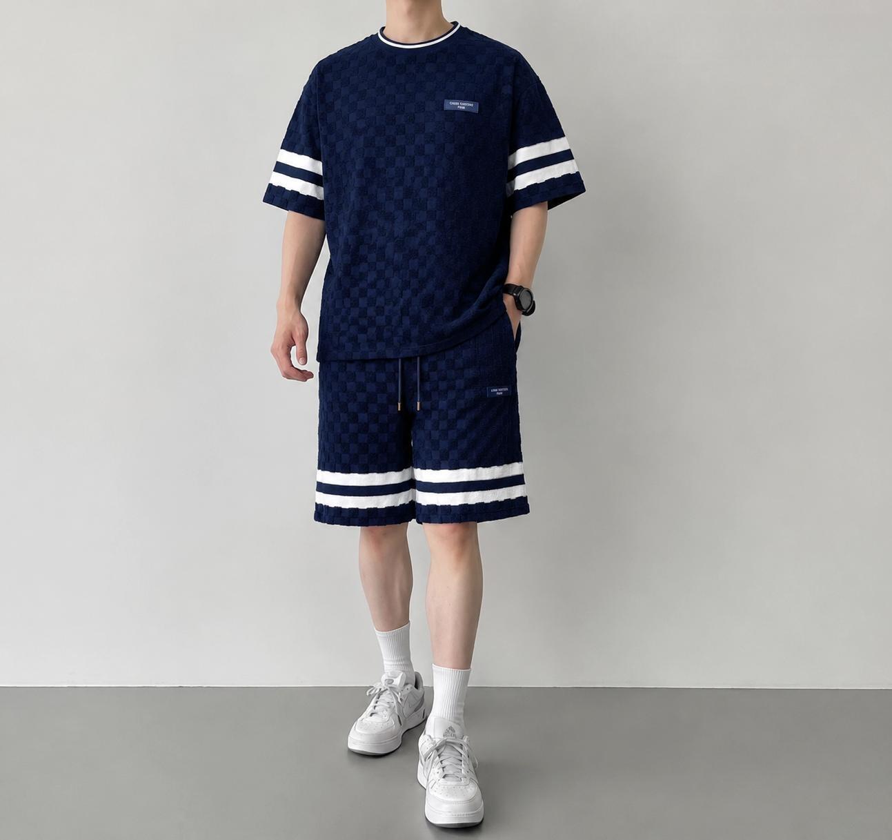 LOUIS VUITTON 棋盘格提花针织短裤面料：采用100%绵纱。定染配色绿。辅料：定制纯绵圆绳，电