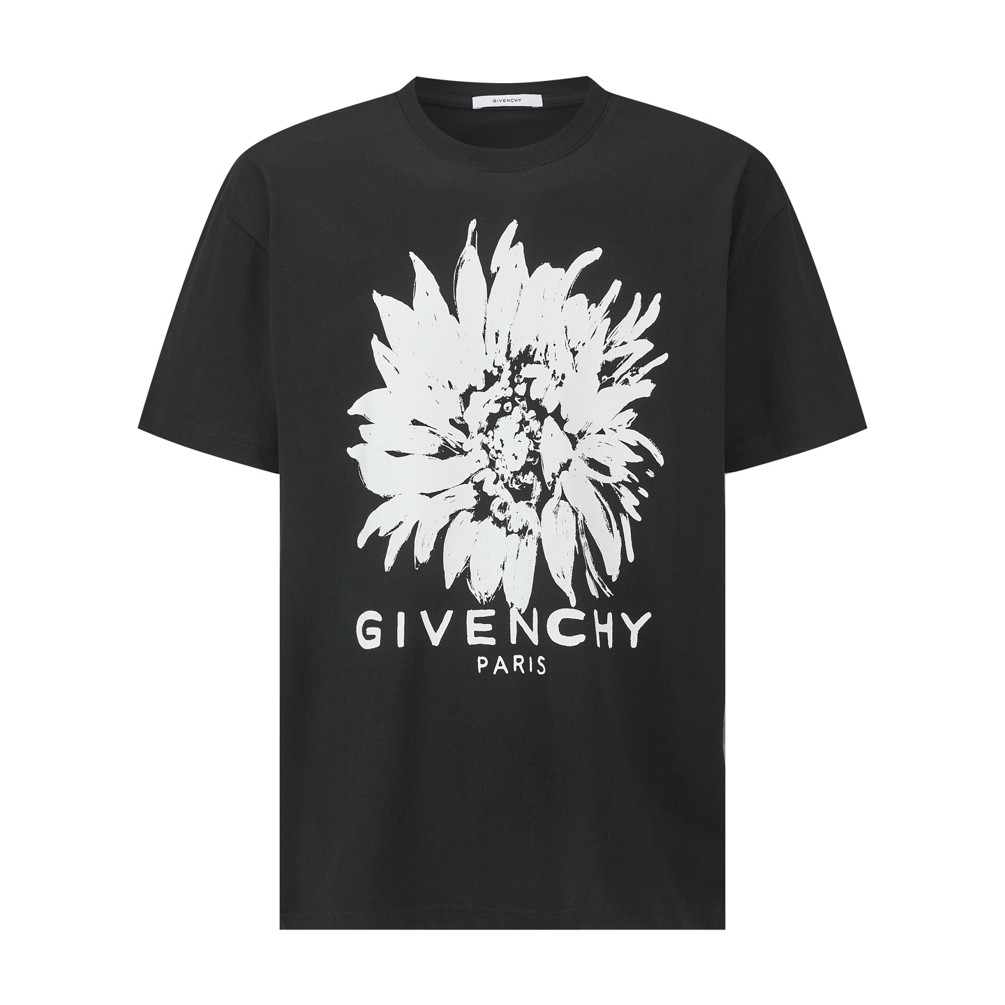 NO:947437,Givenchy sunflower print logo short sleeves. The fabric is made of 21-count combed cotton yarn. The fabric thread is cross thread. The craft printing uses artificial glue printing, and the original mold is customized with ultra-fine film mesh. Classic large letter design, with new sunflower style. From Hubert de  Inspired by Givenchy's love for gardens, floral patterns are reinterpreted through bright prints and graphic embroideries, interpreting exquisite elegance in men's and women's silhouettes. The round neck of the cotton short-sleeved T-shirt is decorated with sunflowers and Givenchy Paris LOGO prints on the front. Accessories customized 11 wash trademarks Craftsmanship customized 11 glue printing Size S-M-L-XL Color black Style number 86084,,givenchy,givenchy,T-shirt,tees,t-shirt,19860909Givenchy 纪梵希向日葵印花标识短袖 面料采用21支精梳棉纱. 面料螺纹采用十字螺纹. 工艺印花采用人工胶浆印花,原版开模定制超细菲林网板.经典大字母设计,搭配新向日葵风格. 从Hubert de Givenchy对花园的热爱中汲取灵感,花卉图案通过鲜明印花与图形刺绣焕新演绎,于男女装廓形中诠释精致优雅棉质短袖T恤圆领正面饰有向日葵和Givenchy Paris LOGO印花. 辅料定制11洗水商标 工艺定制11胶浆印花 尺码S-M-L-XL 颜色黑 款号86084,,givenchy,givenchy,T-shirt,tees，t-shirt,,Men's clothing