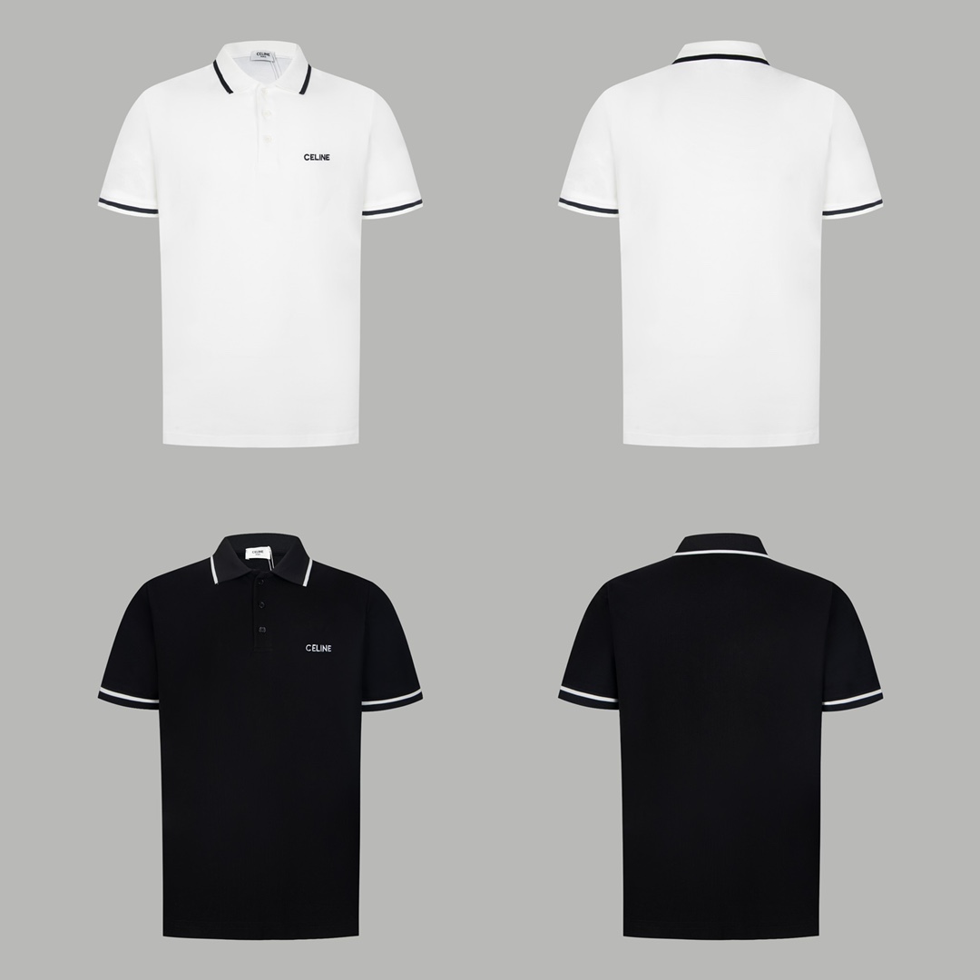 Versión alta CELINE 2024 nuevo polo, bordado de letras 4D con hilo mate en el pecho, cuello vuelto, manga corta, tela d…