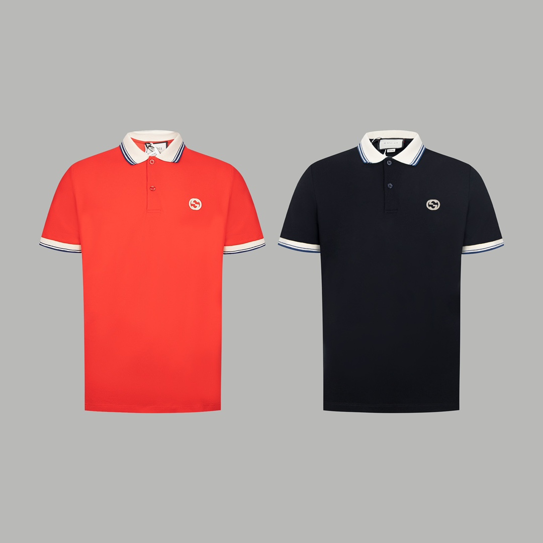 GUCC de alta versión 2024 nuevo POLO con bordado doble G, puños de rayas, cuello abierto, tejido de punto de algodón pu…