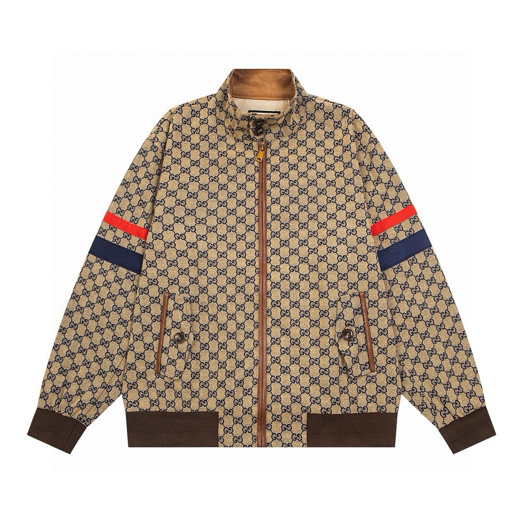 Chaqueta con cremallera de Gucci, clásica, con estampado de doble G y cinta de color, unisex, estilo jacquard. 1️⃣ Teji…