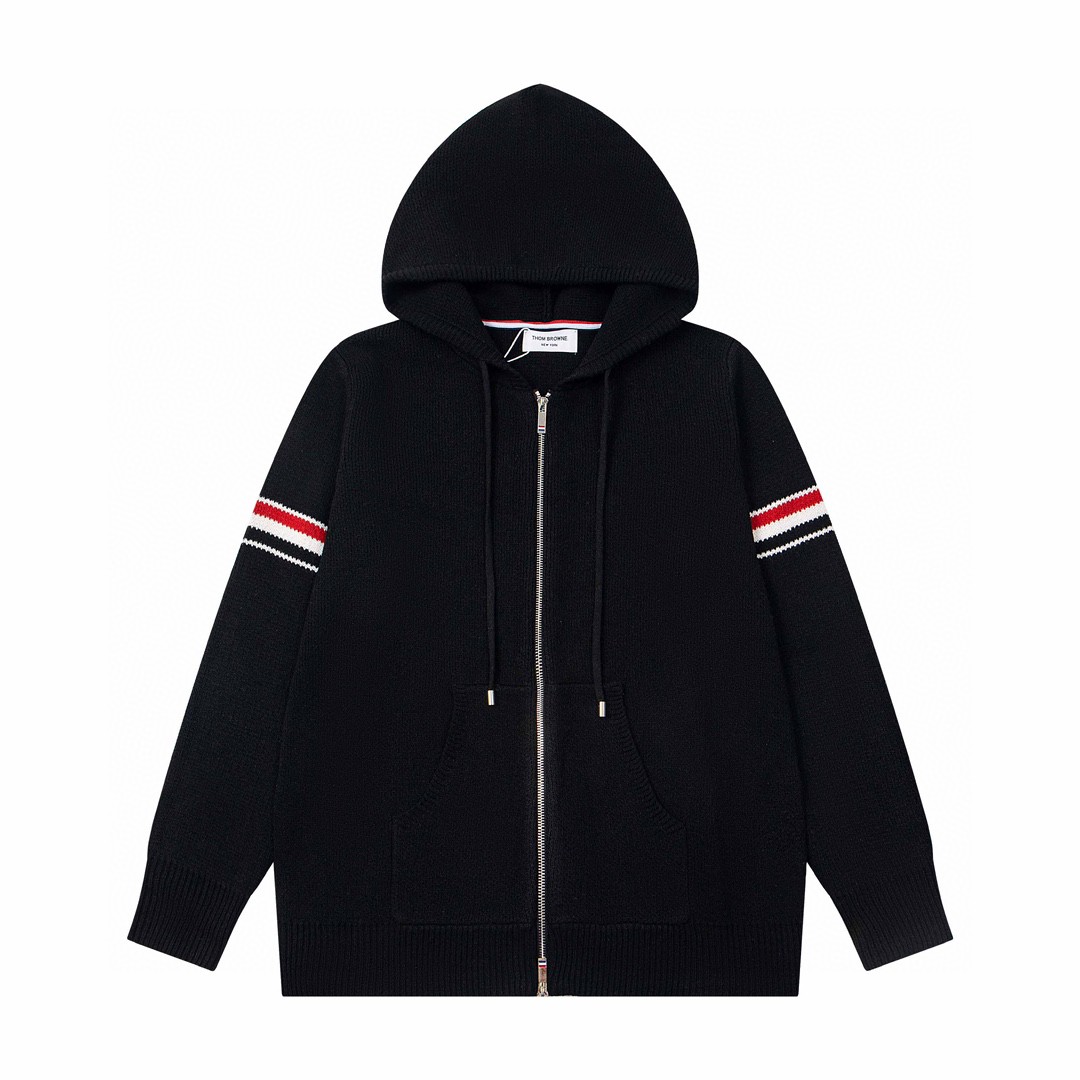 Thom Browne TB sudadera con capucha clásica de cuatro rayas con cordón y doble cremallera, cárdigan de punto. 1️⃣ Chaqu…