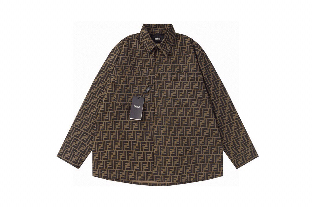 FENDI/芬迪 nuevo estilo clásico camisa con logo jacquard para parejas, chaqueta casual con estampado clásico. 1) El tejid…