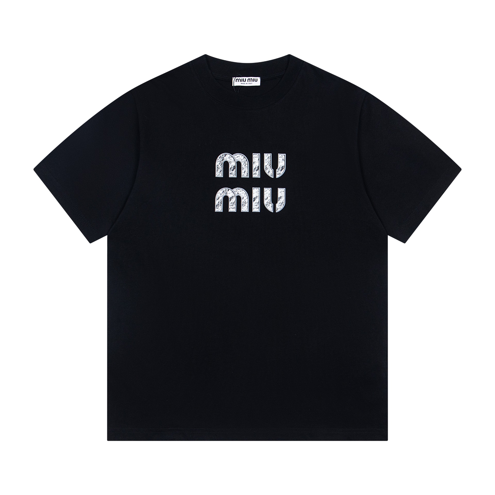 MiuMiu nueva camiseta de cuello redondo de manga corta con logo clásico de letras en el pecho para la temporada 25ss [P…