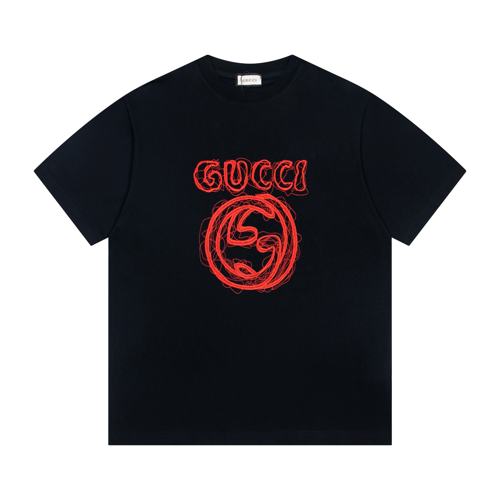 GUCCI/Nueva camiseta de cuello redondo de manga corta con logo bordado en el pecho [Popular en Xiaohongshu | Mismo esti…