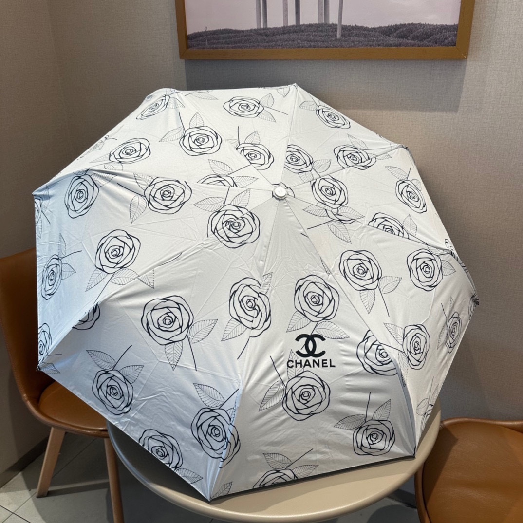 CHANEL香奈儿玫瑰图案三折自动折叠晴雨伞经典热卖选用台湾进口UV防紫外线伞布原单代工级品质