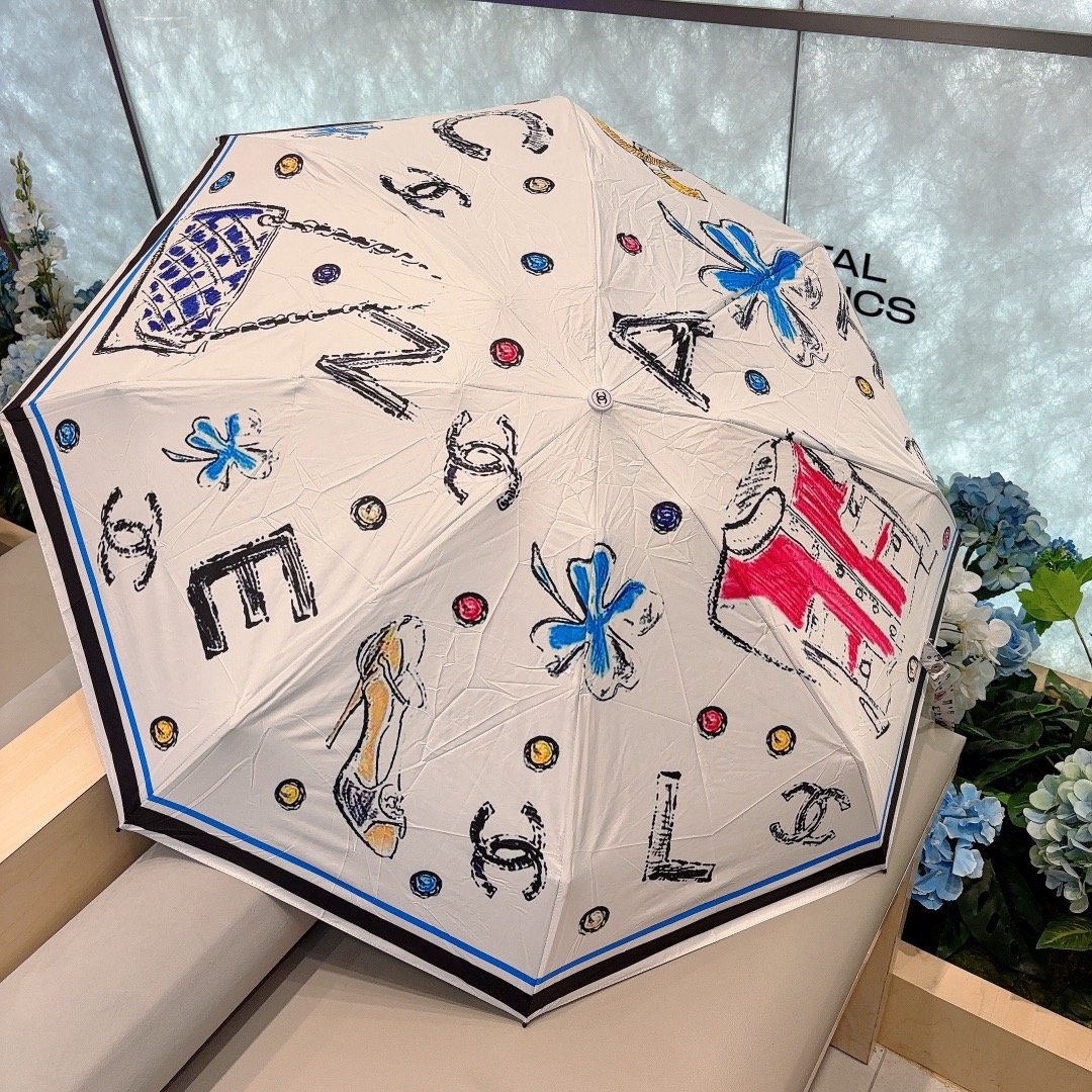 CHANEL香奈儿水晶柄五折手动折叠晴雨伞选用台湾进口UV防紫外线伞布原单代工级品质2色