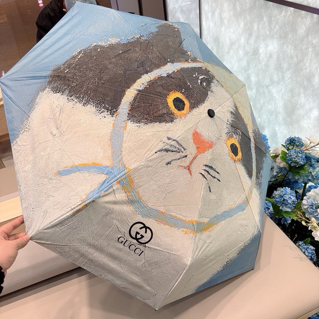 GUCCI古奇猫咪图案五折手动折叠晴雨伞选用台湾进口UV防紫外线伞布原单代工级品质2色