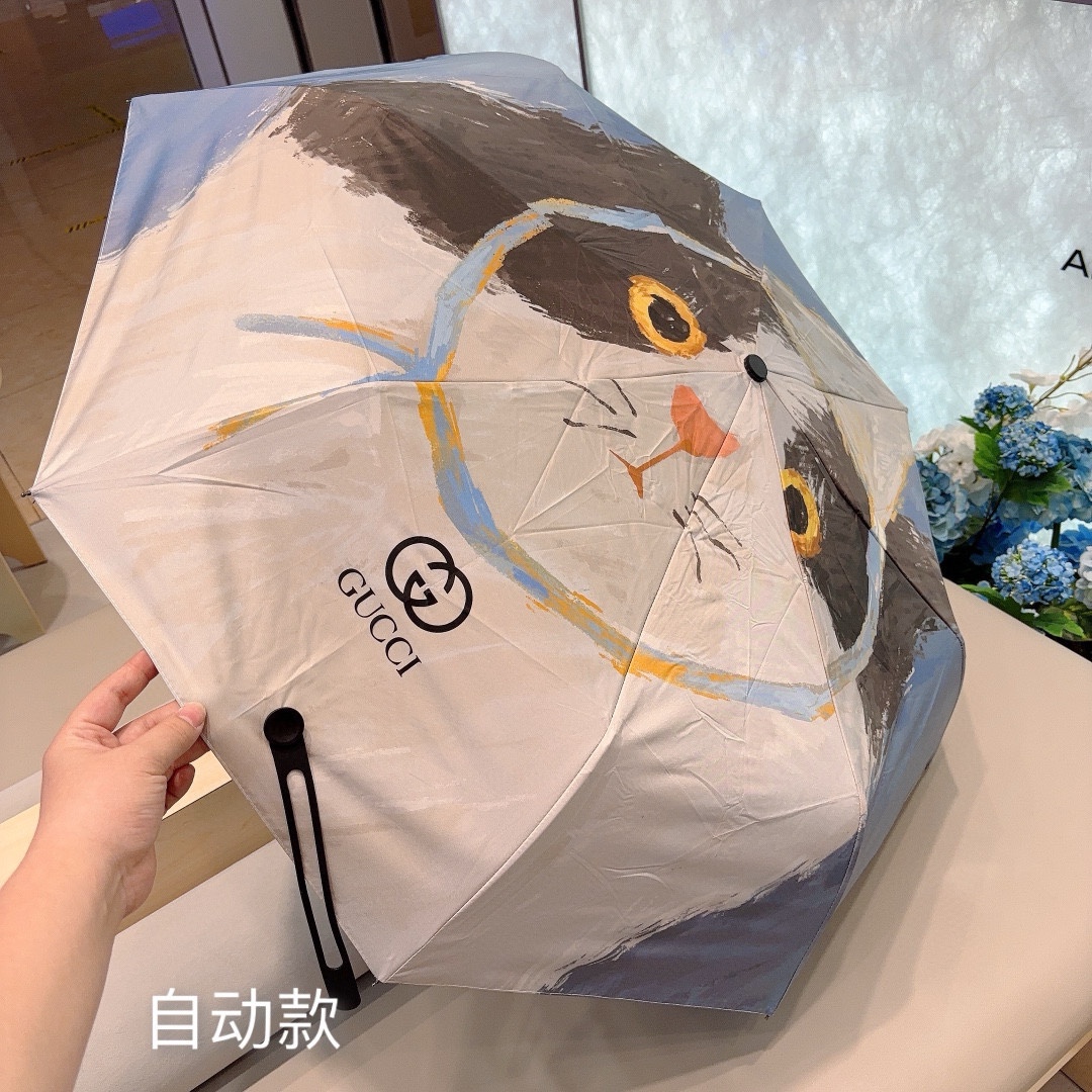 GUCCI古奇2024新款猫咪图案三折自动折叠晴雨伞选用台湾进口UV防紫外线伞布原单代工级品质