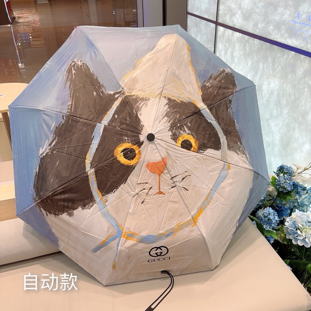 GUCCI古奇2024新款猫咪图案三折自动折叠晴雨伞选用台湾进口UV防紫外线伞布原单代工级品质