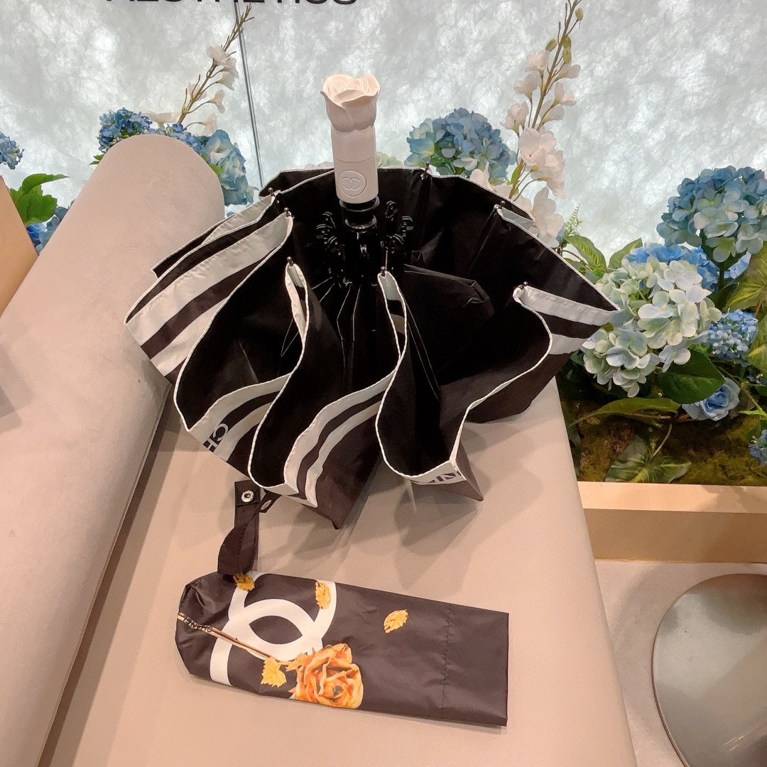 CHANEL香奈儿新款玫瑰花头柄金枝三折自动折叠晴雨伞选用台湾进口UV防紫外线伞布原单代工级品质.2色