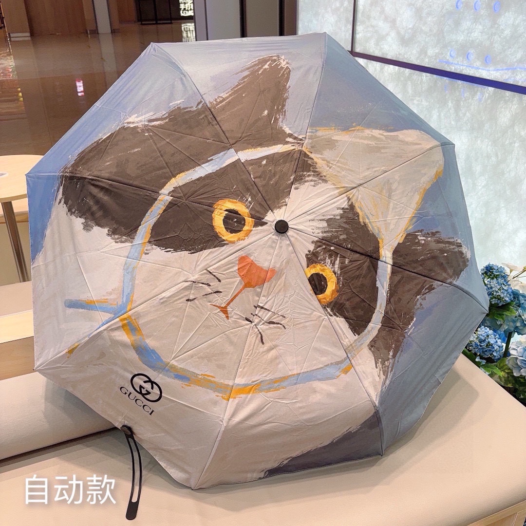 GUCCI古奇2024新款猫咪图案三折自动折叠晴雨伞选用台湾进口UV防紫外线伞布原单代工级品质