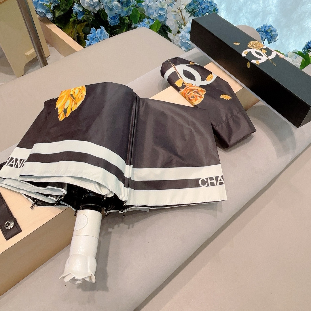   CHANEL（香奈儿） 新款玫瑰花头柄金枝 三折自动折叠晴雨伞 选用台湾进口UV防紫外线伞布 原单代