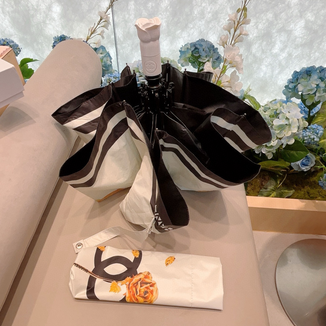   CHANEL（香奈儿） 新款玫瑰花头柄三折自动折叠晴雨伞 选用台湾进口UV防紫外线伞布 原单代工级品