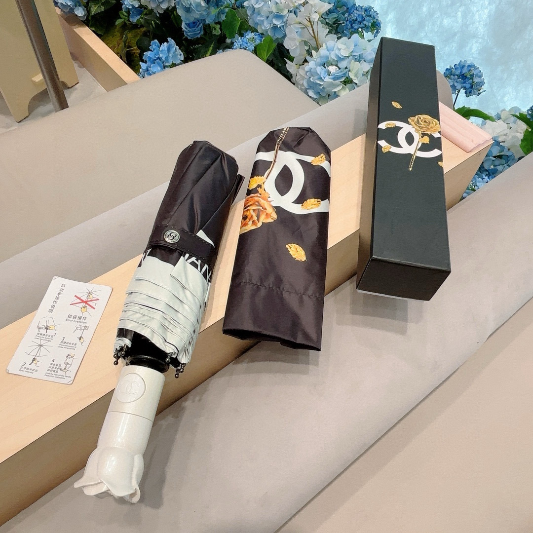   CHANEL（香奈儿） 新款玫瑰花头柄三折自动折叠晴雨伞 选用台湾进口UV防紫外线伞布 原单代工级品