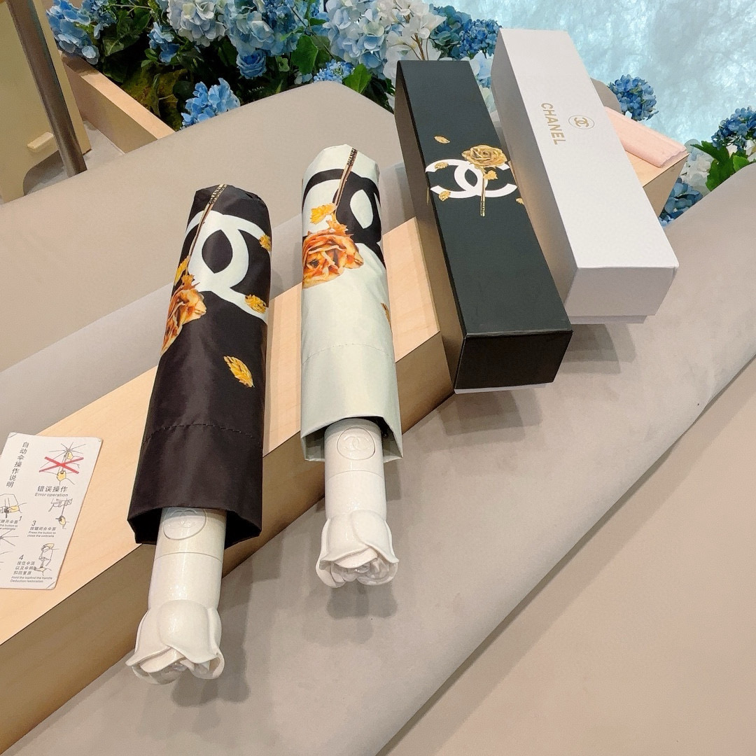   CHANEL（香奈儿） 新款玫瑰花头柄三折自动折叠晴雨伞 选用台湾进口UV防紫外线伞布 原单代工级品