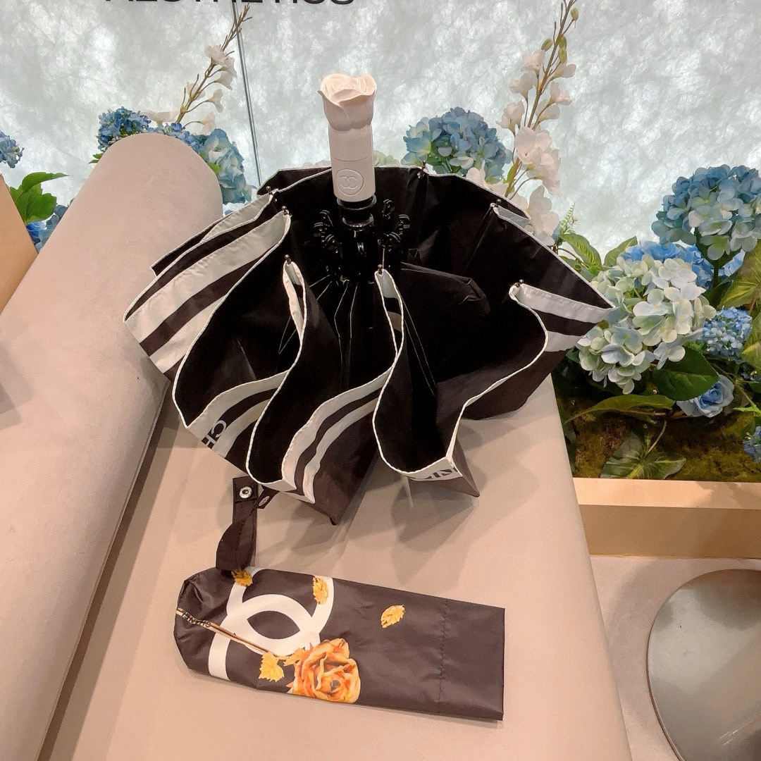   CHANEL（香奈儿） 新款玫瑰花头柄三折自动折叠晴雨伞 选用台湾进口UV防紫外线伞布 原单代工级品