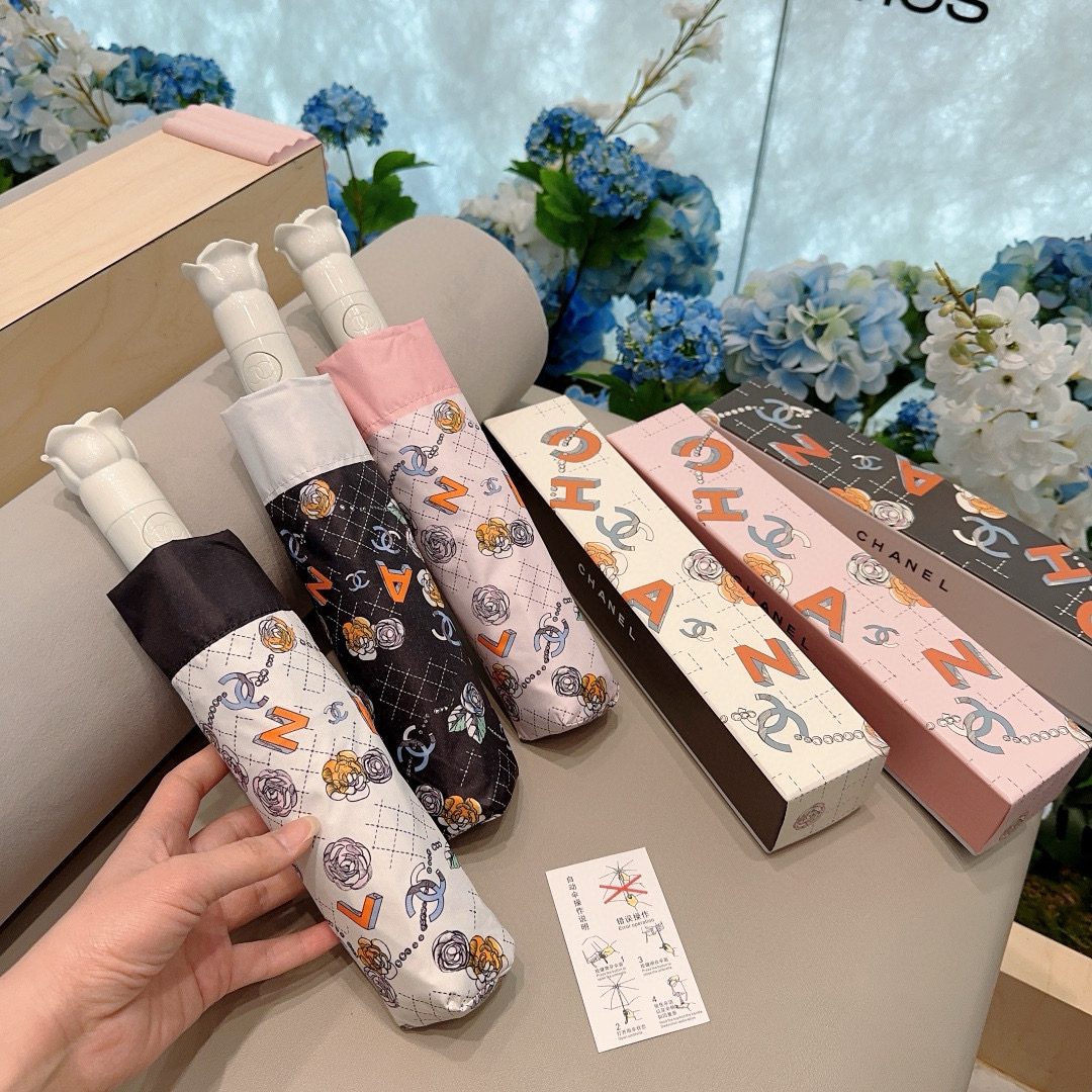 CHANEL（香奈儿） 玫瑰花头手柄 三折自动折叠晴雨伞 阻隔99%直射伞面的紫外线 杜绝夏季晒伤 清爽