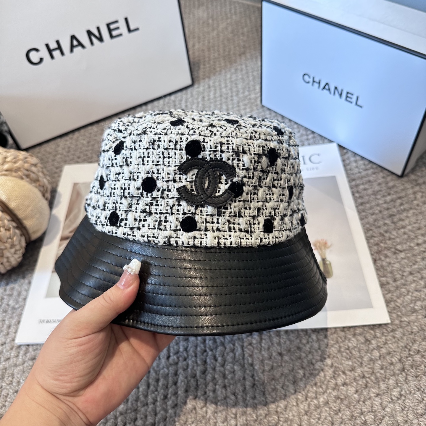  chanel香奈儿渔夫帽，遮阳百搭～休闲出街神器 皮革羊毛拼接面科超好搭配