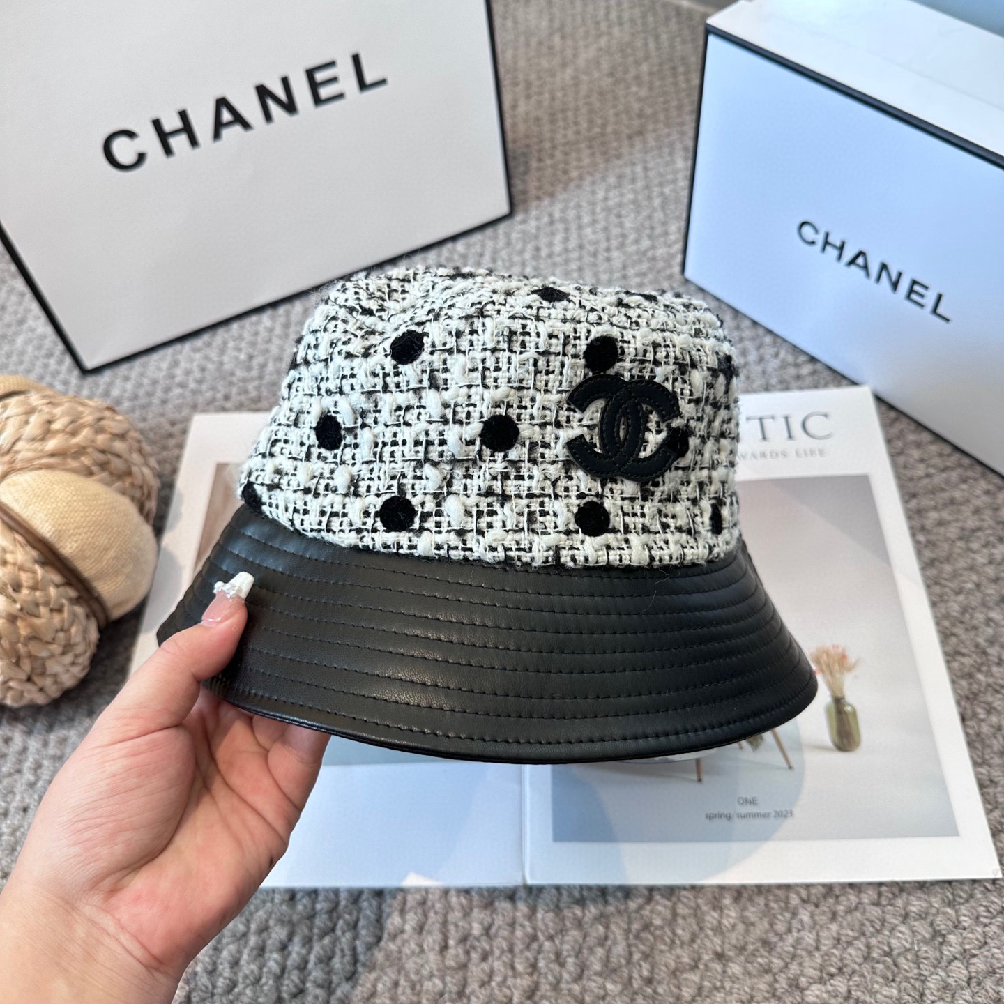  chanel香奈儿渔夫帽，遮阳百搭～休闲出街神器 皮革羊毛拼接面科超好搭配